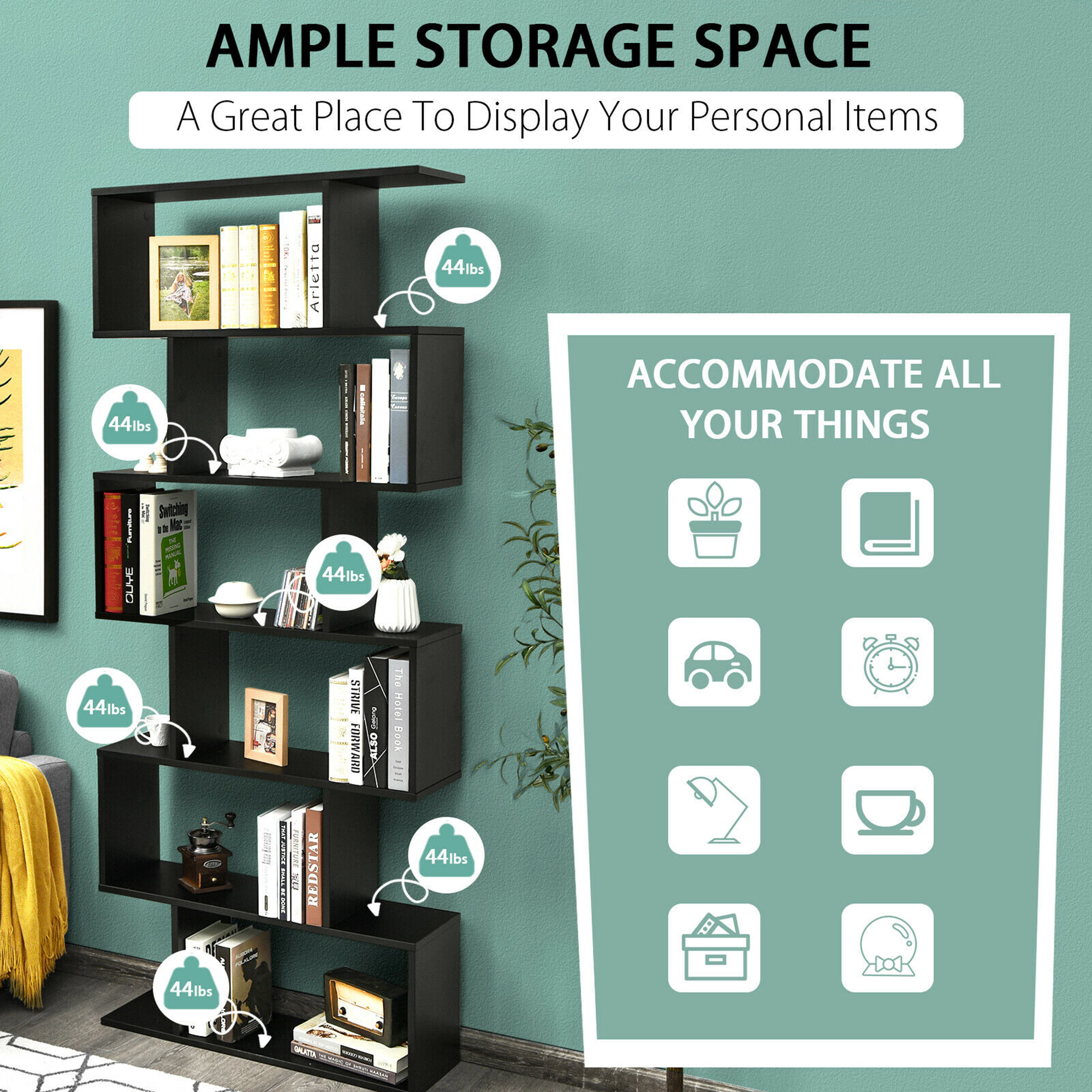 Costway 2 PCS 6 Tier S-Shaped Bookshelf Storage Display Bookcase Z-Shelf White