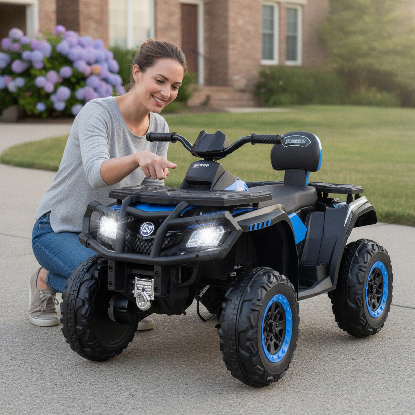 24V Kids ATV 2-Seater 4-Wheeler Electric Ride On Quad 4 Motors LED Headlights Ages 3-8 Blue