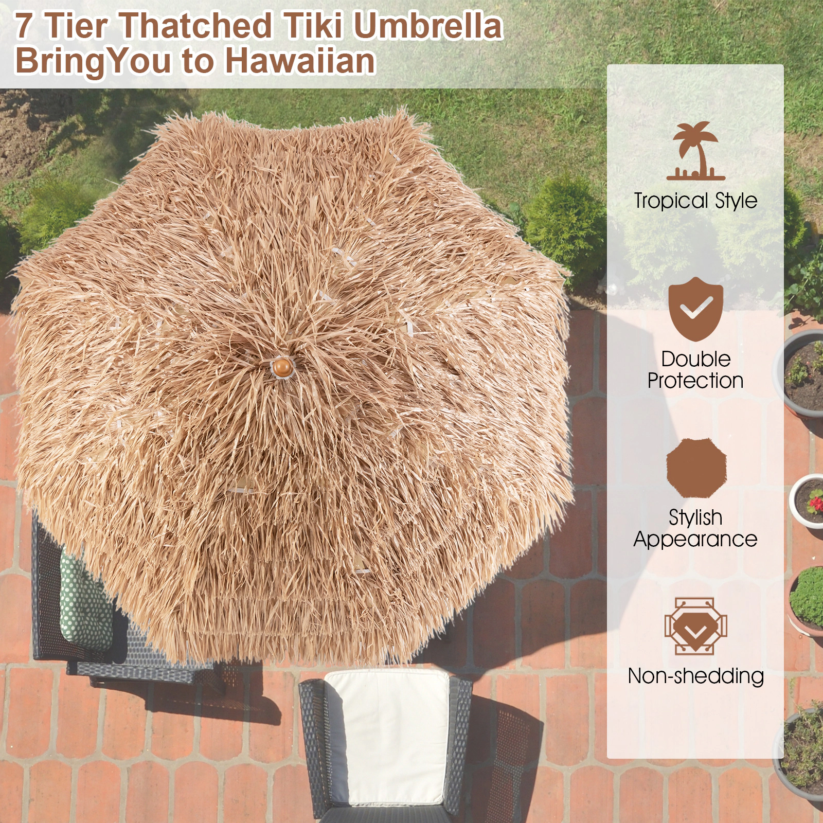 SUGIFT 7.2-ft Natural Thatched Tiki Patio Umbrella, Tilt, 8 Metal Ribs