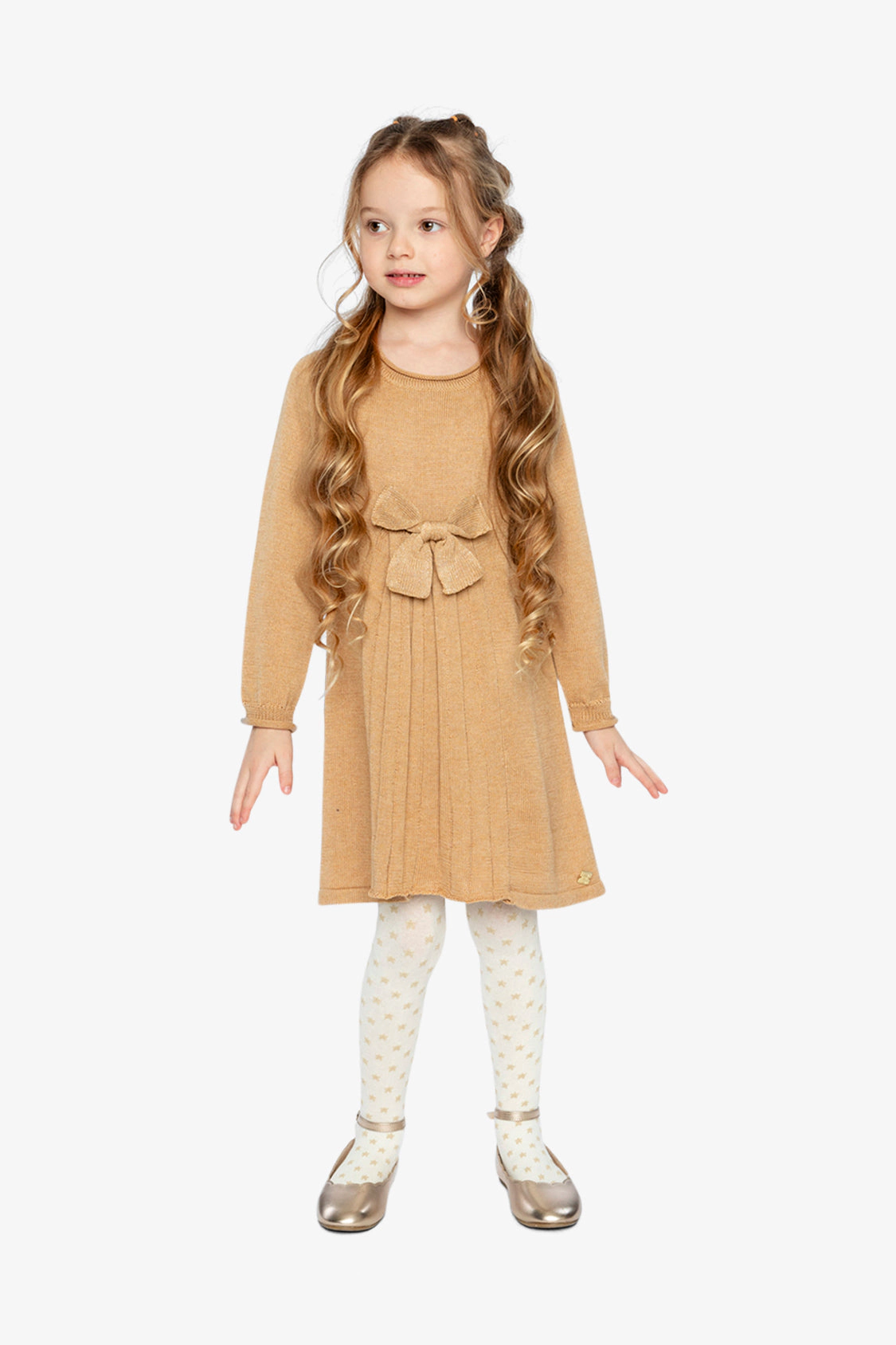 Deux par Girls Knitted A-Line Dress with 3D Bow and Pleats