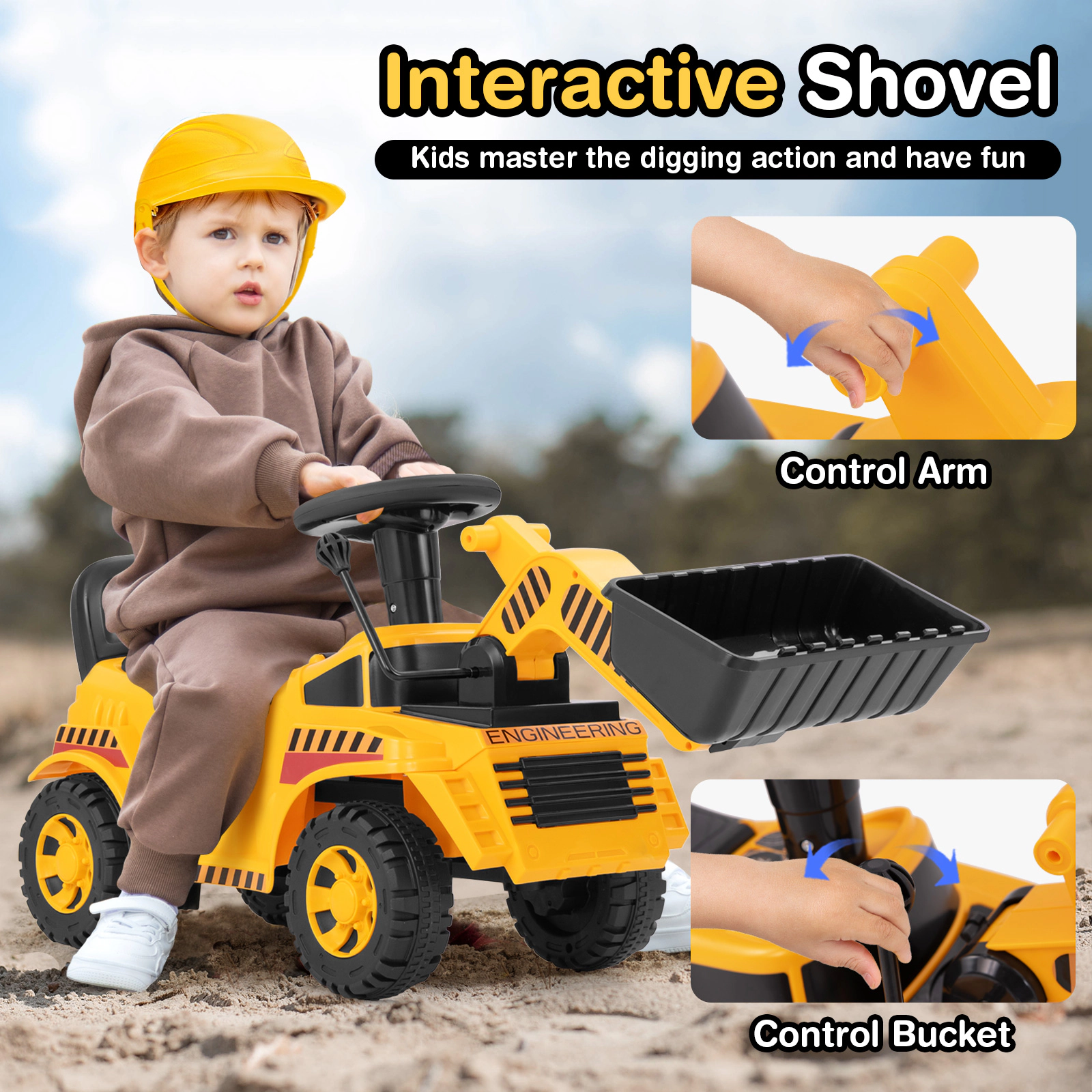 SUGIFT Yellow Toddler Ride-On Excavator Digger with Adjustable Bucket Helmet and Storage 36-in W 33-lb Rider