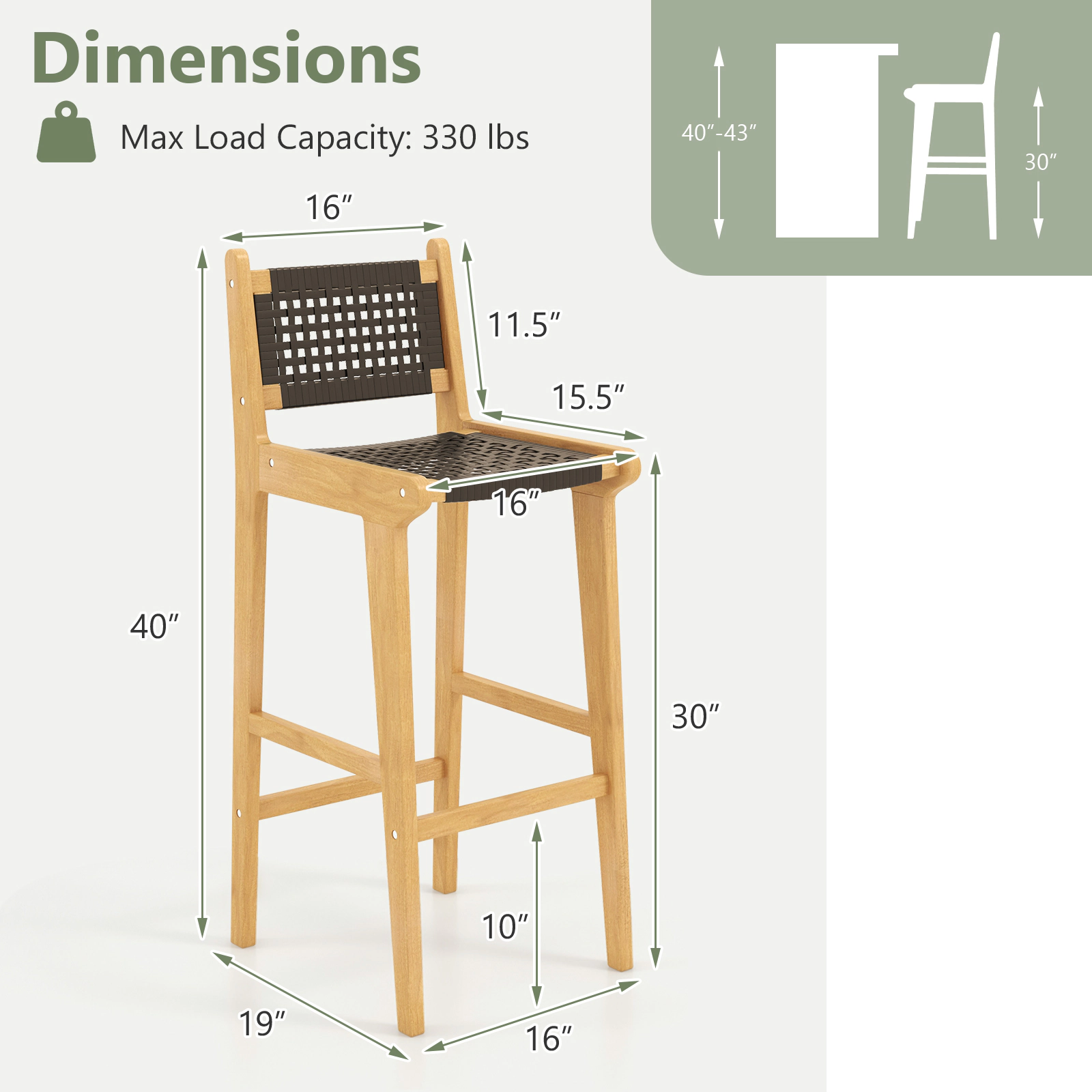 SUGIFT Rattan Teak Wood Bar Stool with Backrest and Footrest 330-lb Capacity 30-in Seat Height Black & Natural