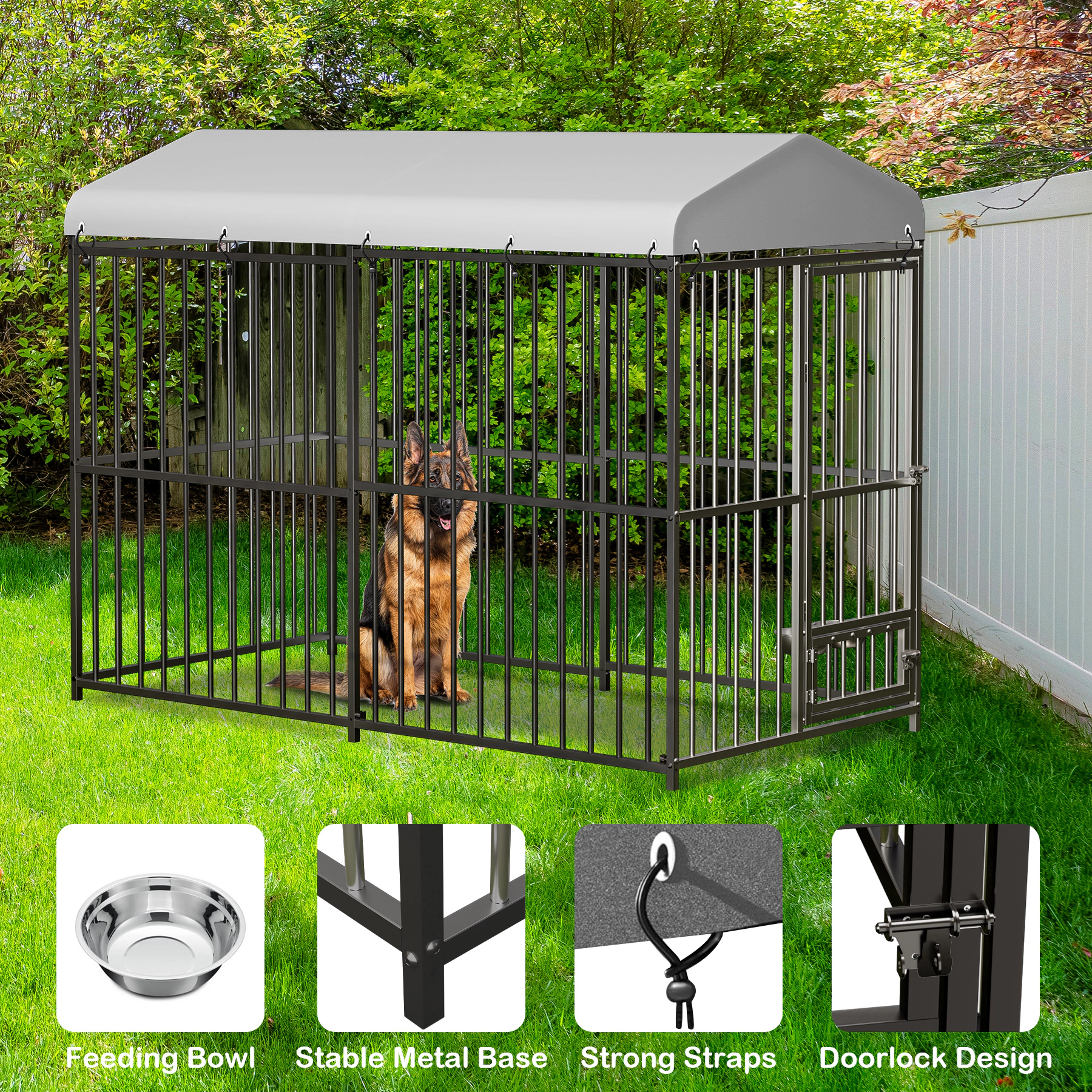 8x4x6 FT Outdoor Dog Kennel, Metal Pet Cage with Lock & Waterproof Roof for Medium Dogs