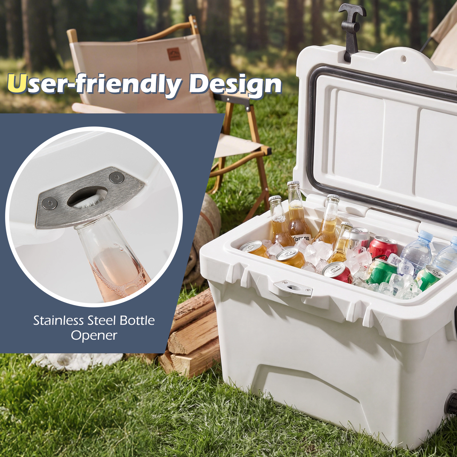SUGIFT 20 Quart Portable Hard Cooler with Built-in Ruler and Bottle Opener 440-lb Capacity Gray/Khaki/White