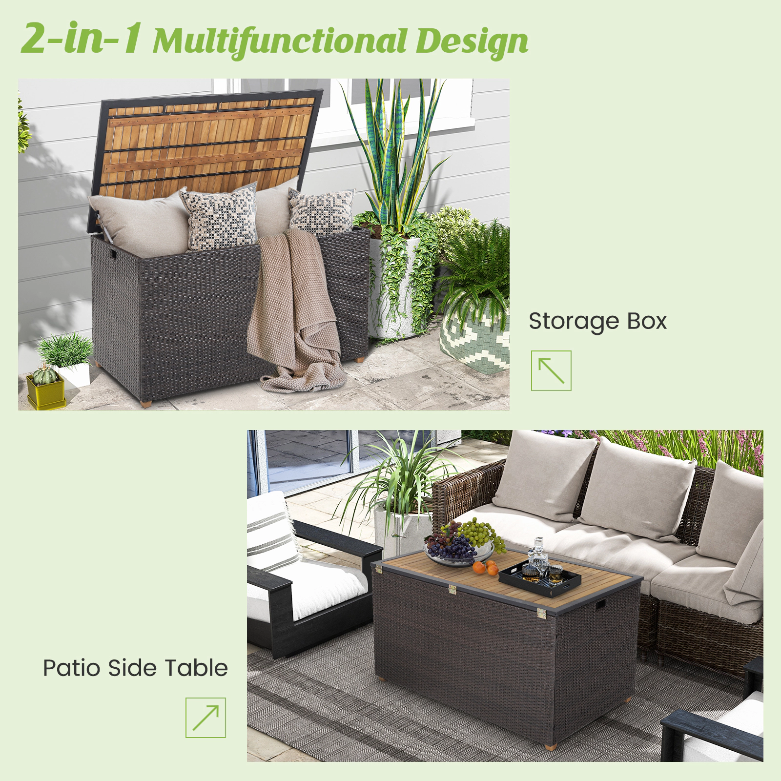SUGIFT 134-Gallon Zippered Liner Acacia Wood Top PE Rattan Patio Storage Box 51-in x 28.5-in x 28-in 165-lb Top Brown
