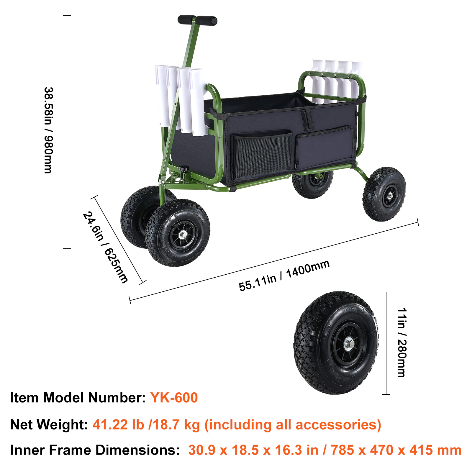 HONGGE Foldable Steel Beach Fishing Cart with Four 11-Inch Wheels, 300 lb Capacity, 8 Rod Holders for Pier Fishing