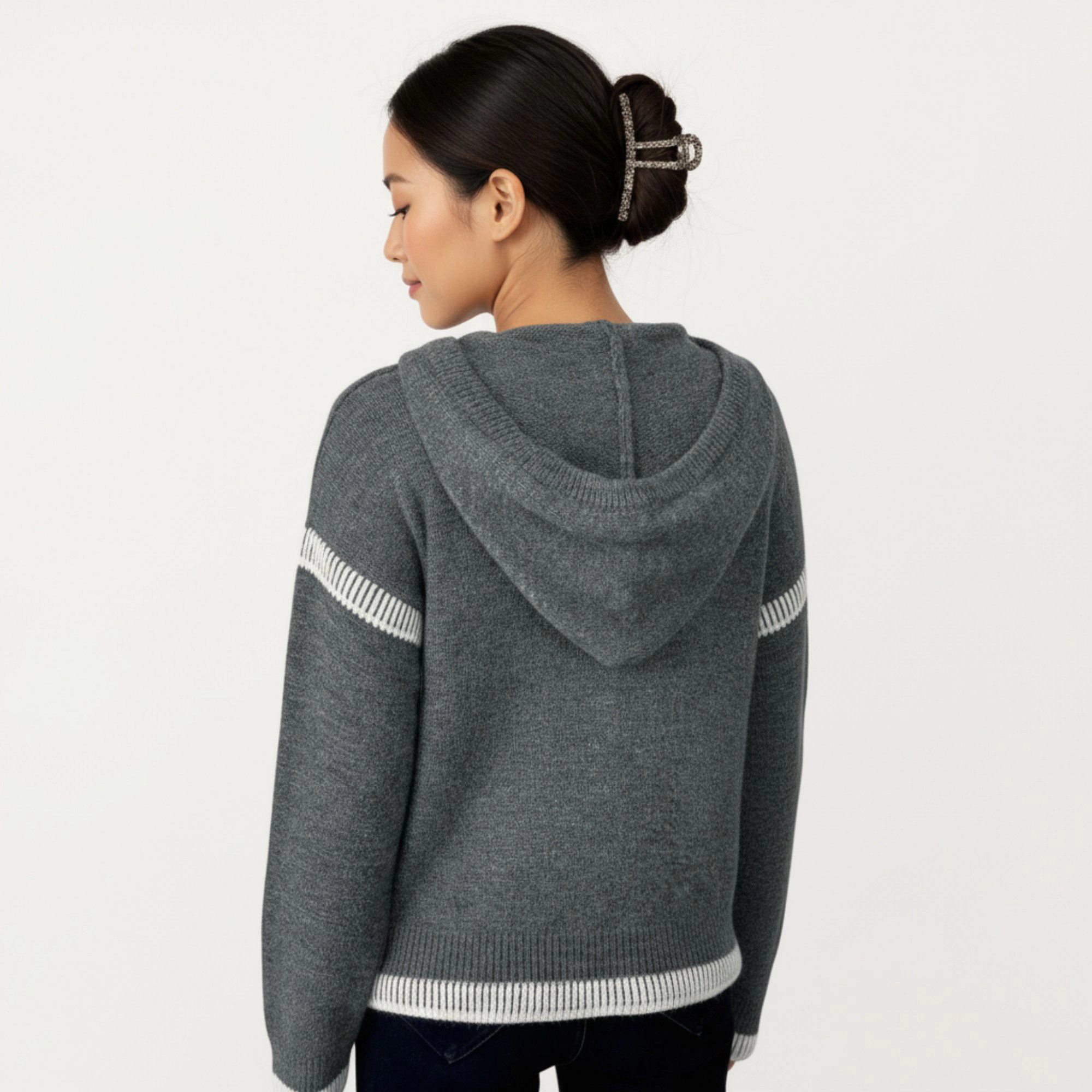 Anna-Kaci Women's Contrast Trim V-Neck Long Sleeve Knit Hoodie