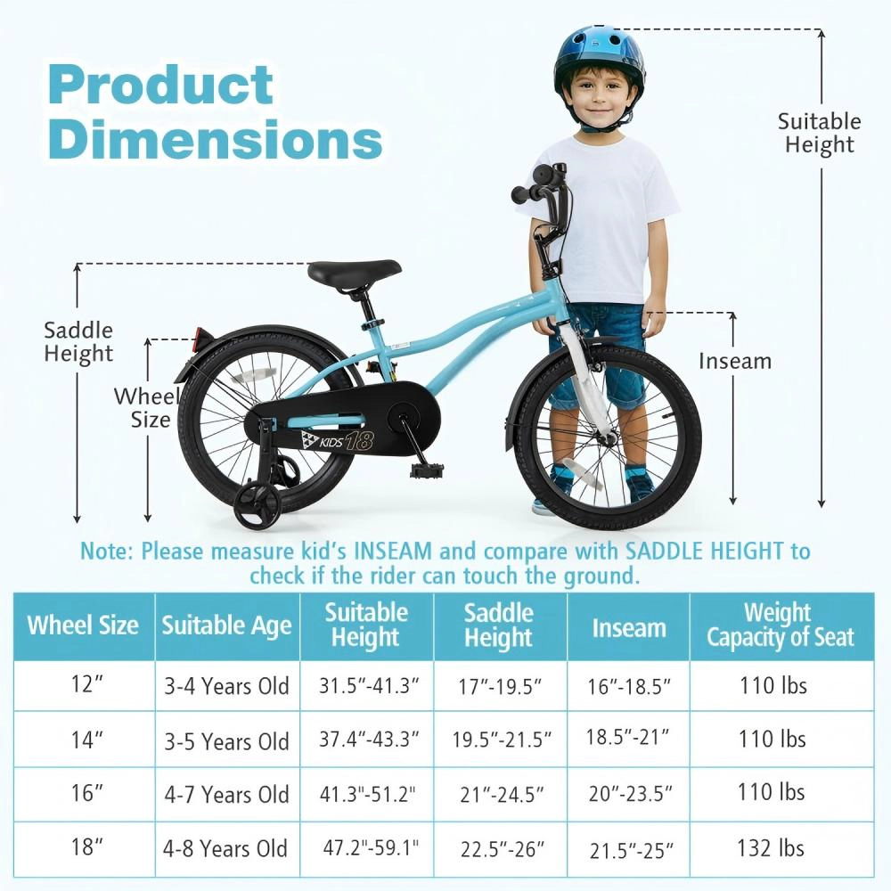 SUGIFT Blue Detachable Training Wheels Kickstand Reflectors and Bell Kids 18 Inch Bike