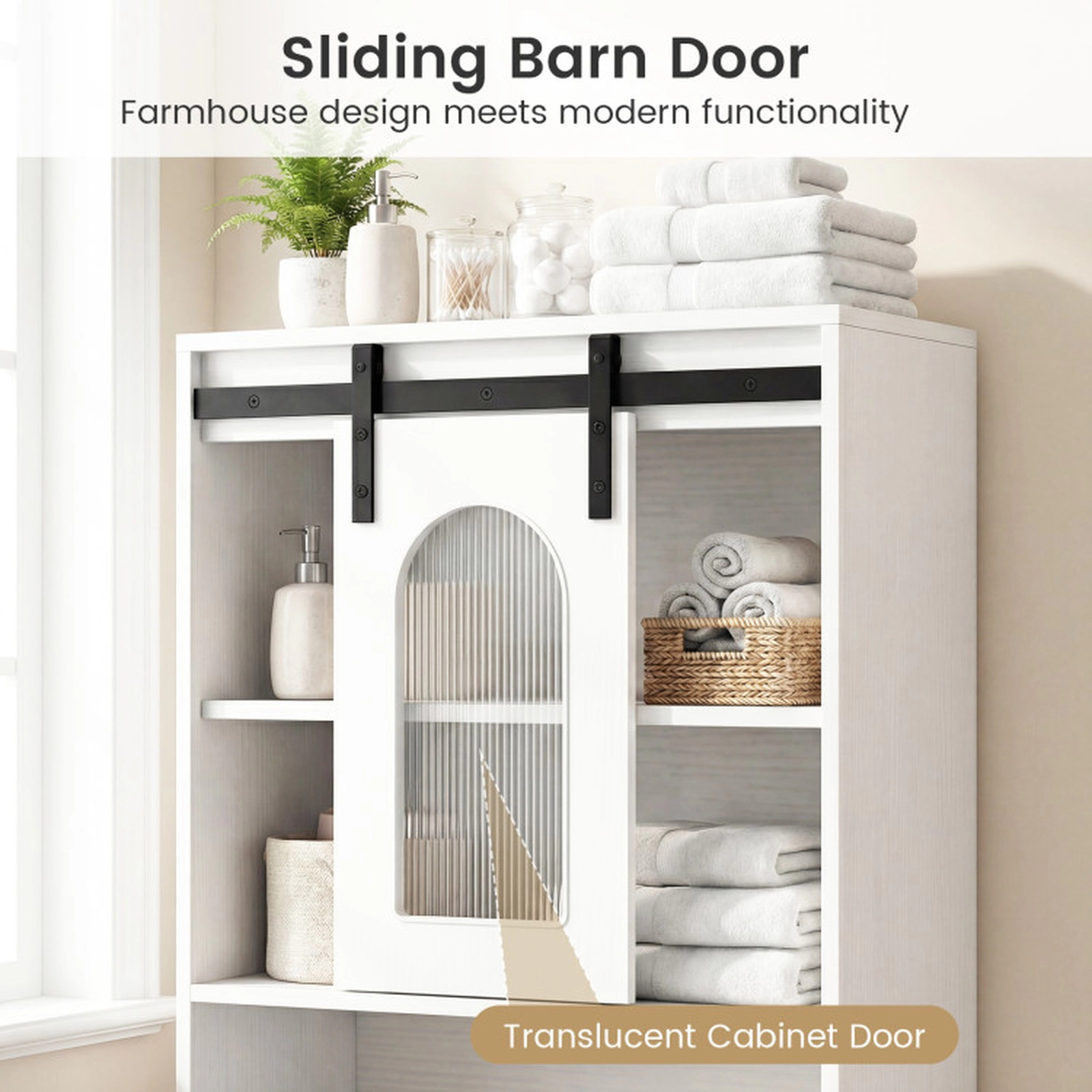 SUGIFT Farmhouse Bathroom Floor Cabinet with Sliding Barn Door 59-in Tall 44-lb Shelf Capacity Natural/White
