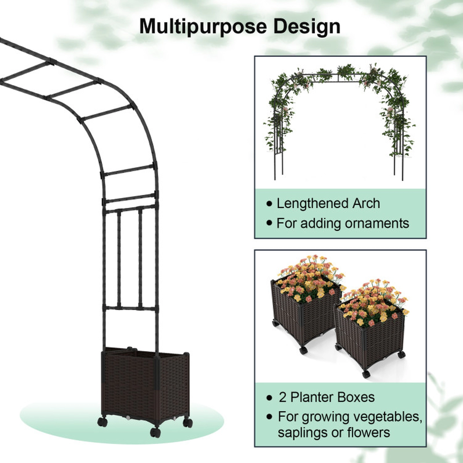 SUGIFT 6.6-Ft Black Garden Arch Trellis with 2 Planter Boxes and Lockable Wheels 80-in W 16-in D 113-in H