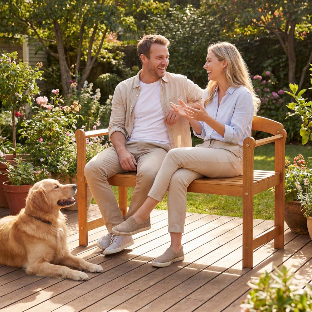 Hivvago 2-Seater Outdoor Acacia Wood Garden Bench With Backrest & Armrests