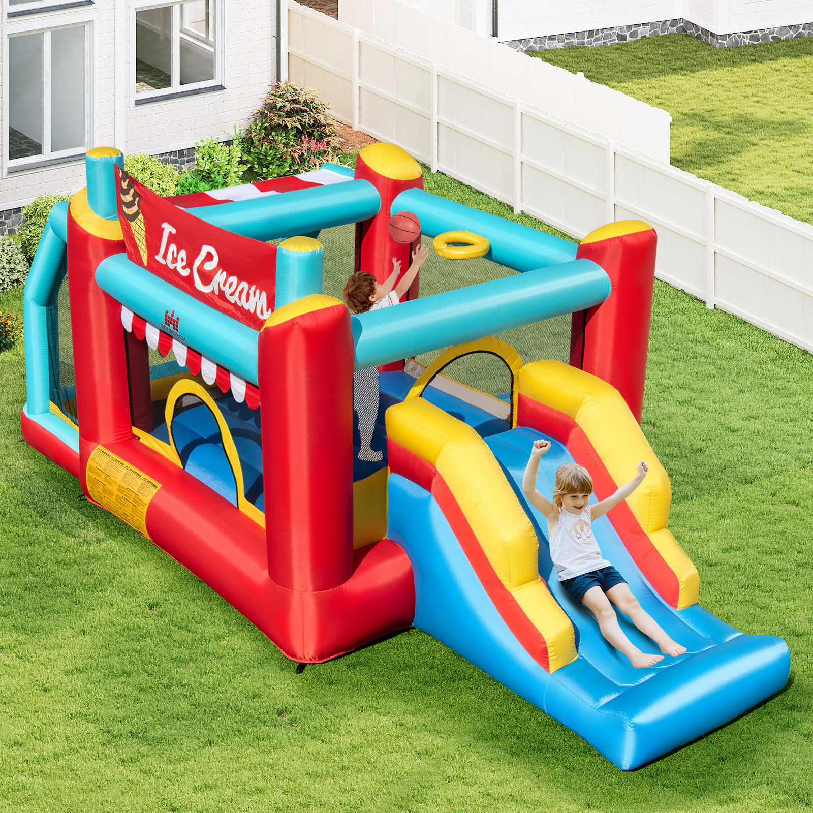 5-in-1 Ice Cream Inflatable Bounce House with Slide Ball Pit 50 Ocean Balls Basketball Ring Toss