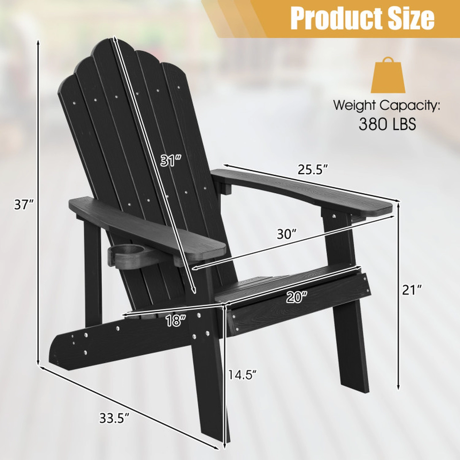 SUGIFT Black Adult and Kids Adirondack Chair Set of 2 with Cup Holder 33.5-in W 30-in D 380-lb Seat Capacity