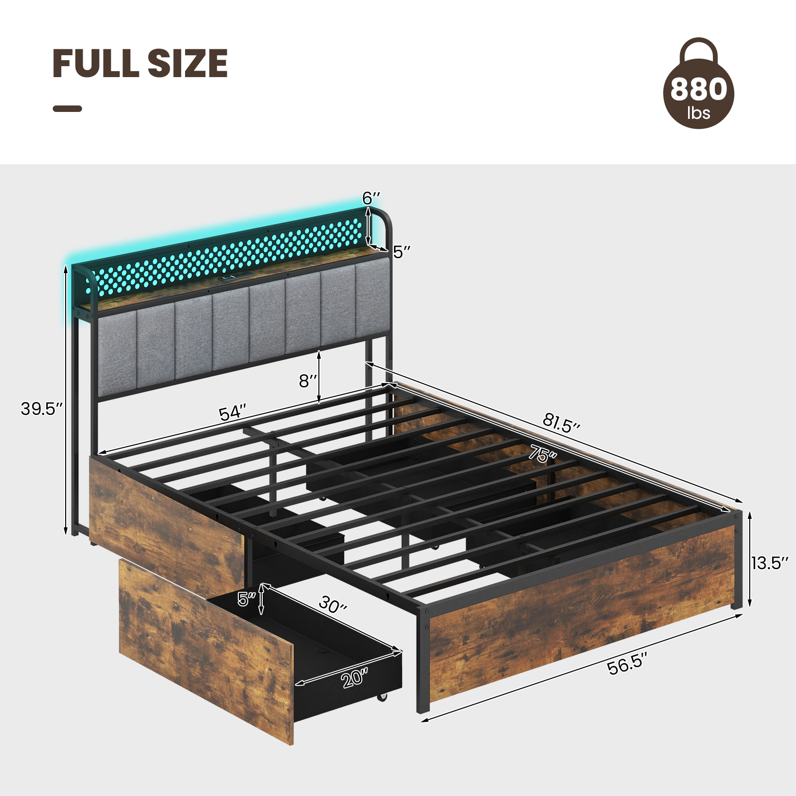 SUGIFT Full Size Storage Bed with 4 Drawers, LED Headboard, Rustic Brown