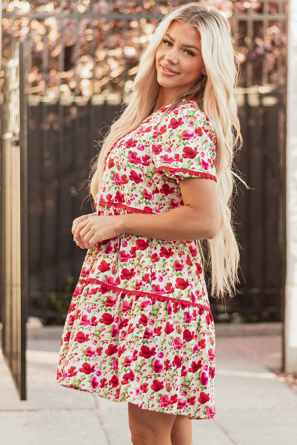 Threaded Pear Women's Ruby Floral Puff Sleeve Tiered Ric Rac Pocketed Mini Dress