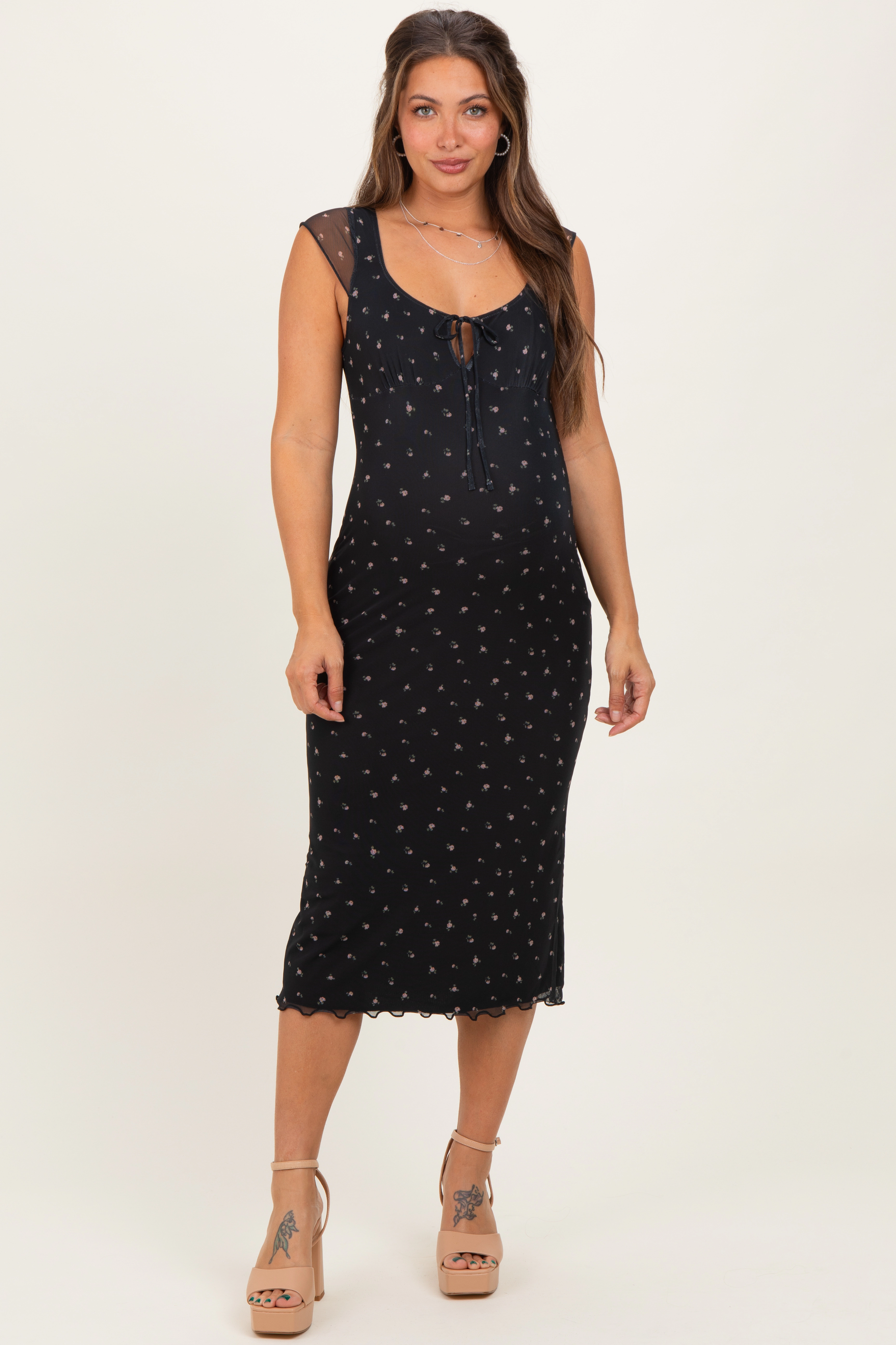 PinkBlush Womens Black Floral Mesh Front Tie Cutout Maternity Midi Dress