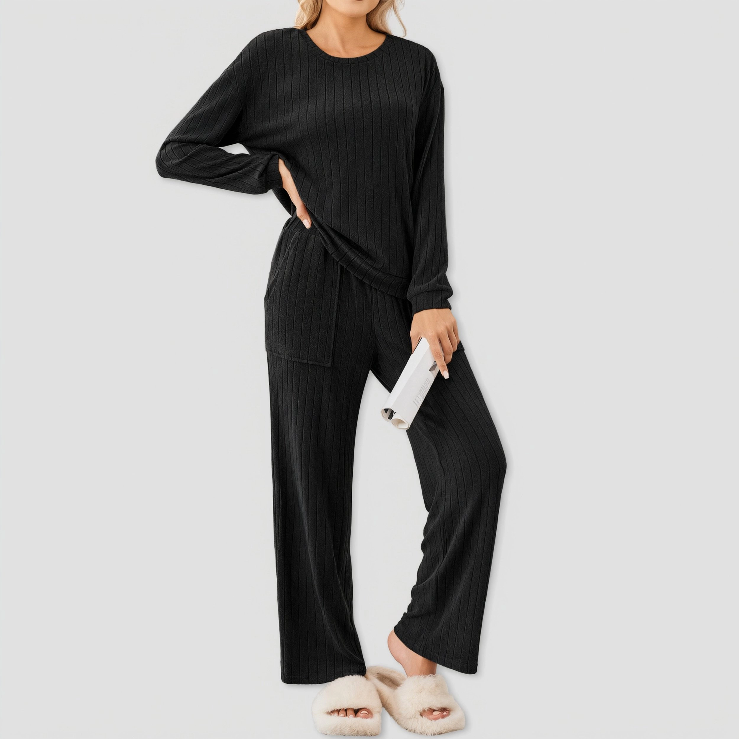 Ekouaer Lounge Sets Ribbed Knit Pajama Two Piece Long Sleeve Pajamas Loungewear Outfits