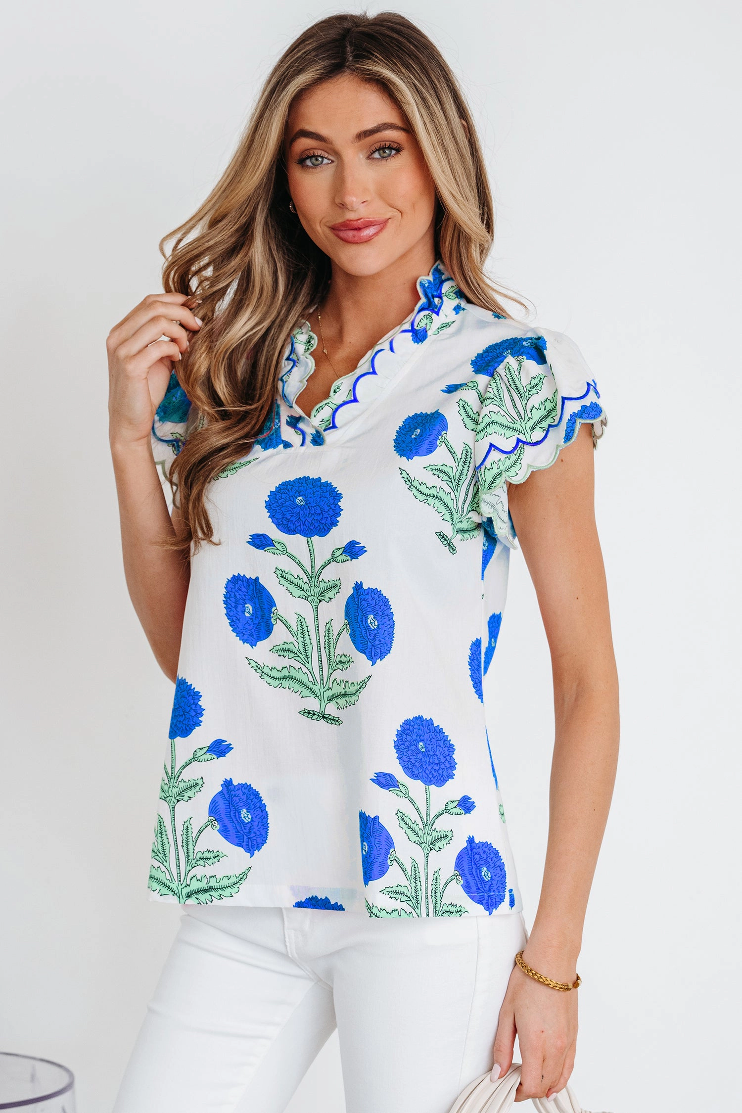Threaded Pear Women's Raegan Detail Short Sleeve Blouse