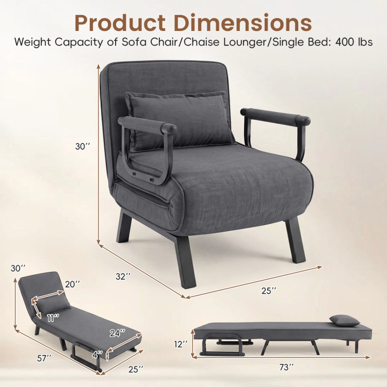 SUGIFT Gray 3-in-1 Folding Sofa Bed Chair with Adjustable Backrest and Pillow