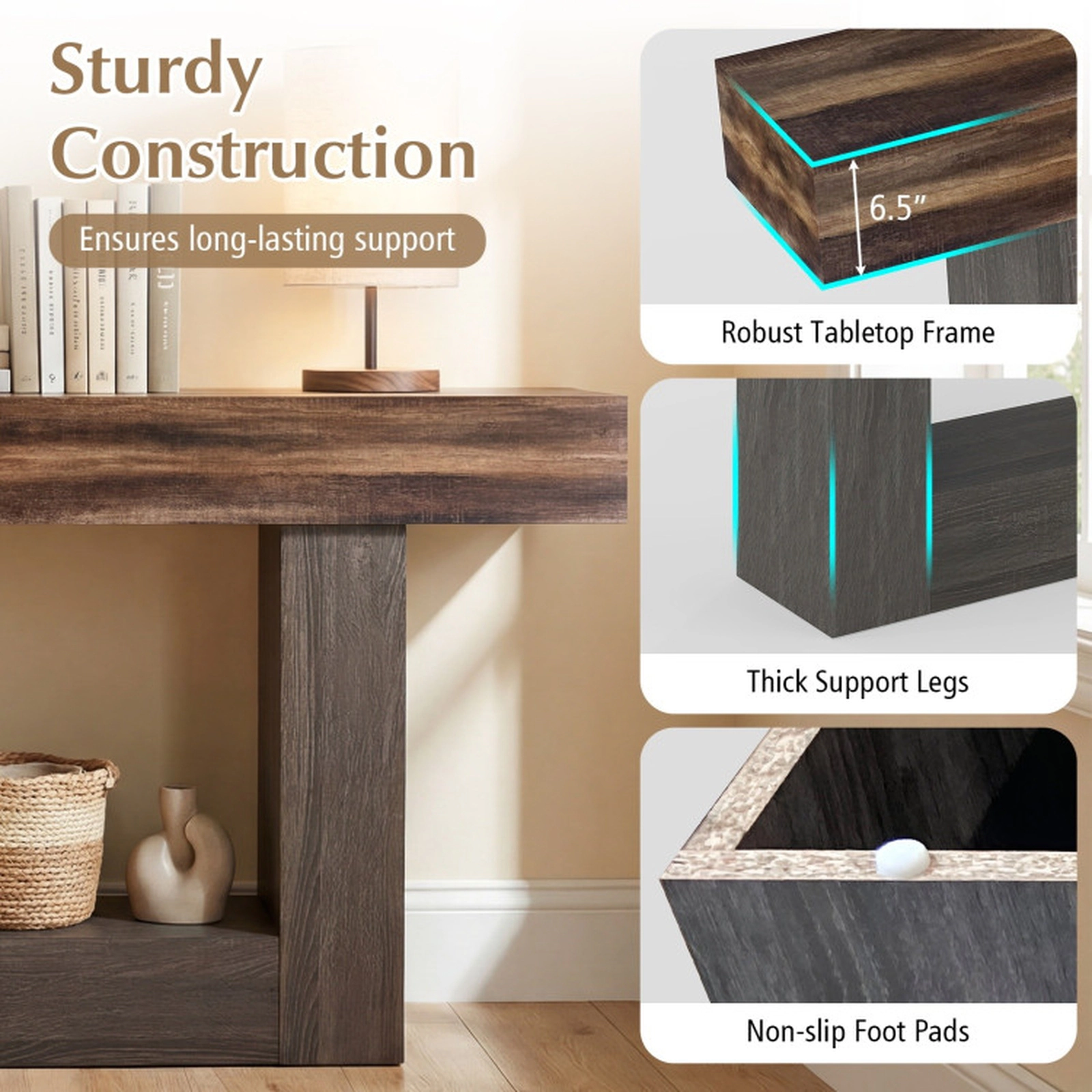 SUGIFT 2-Tier Farmhouse Console Table 63-in Long with Storage Shelf 265-lb Tabletop Capacity Rustic Brown + Black