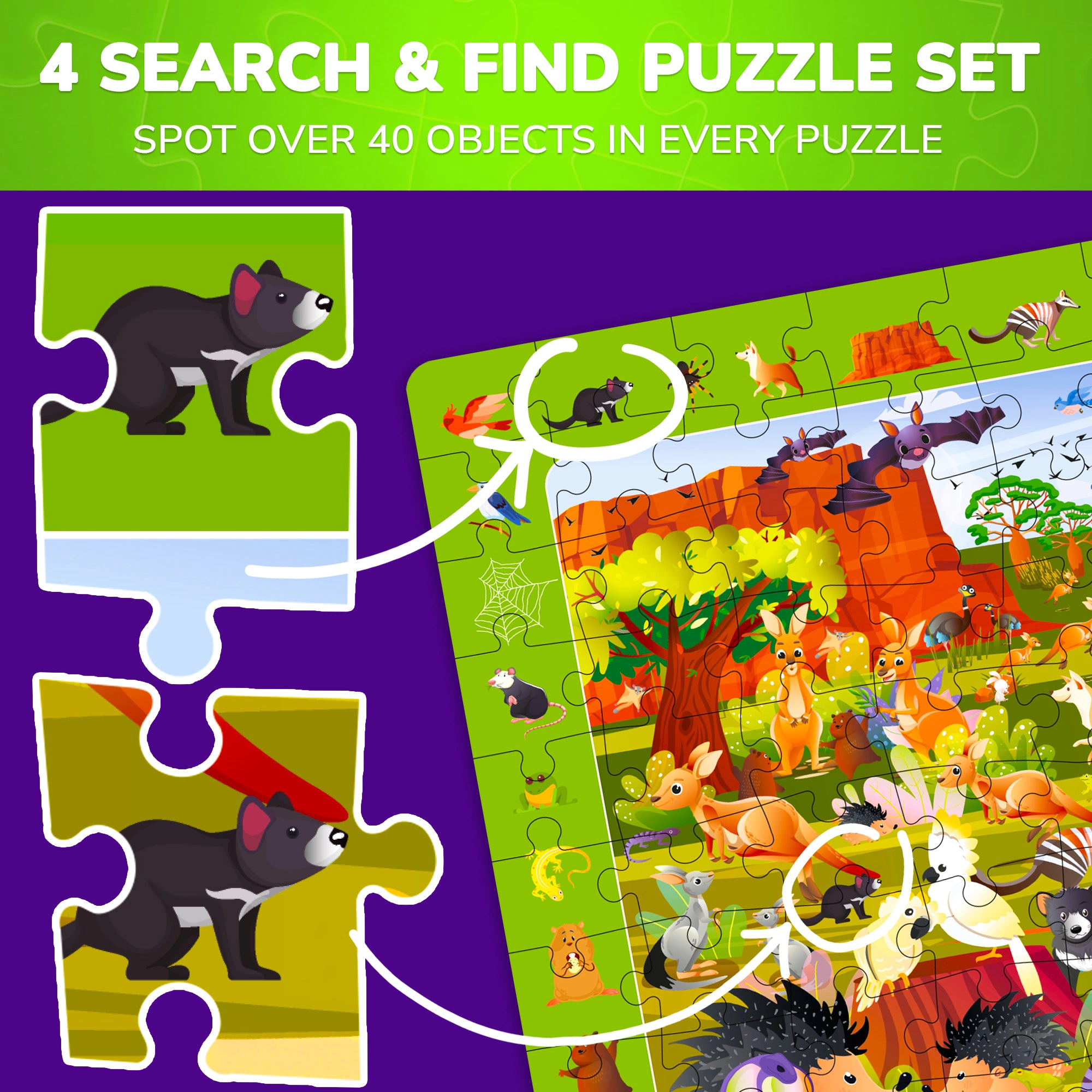 QUOKKA Search & Find Educational Puzzle Set, 100 150 Piece Jigsaw Puzzles for Kids, Ages 4-10, Animal City Themes
