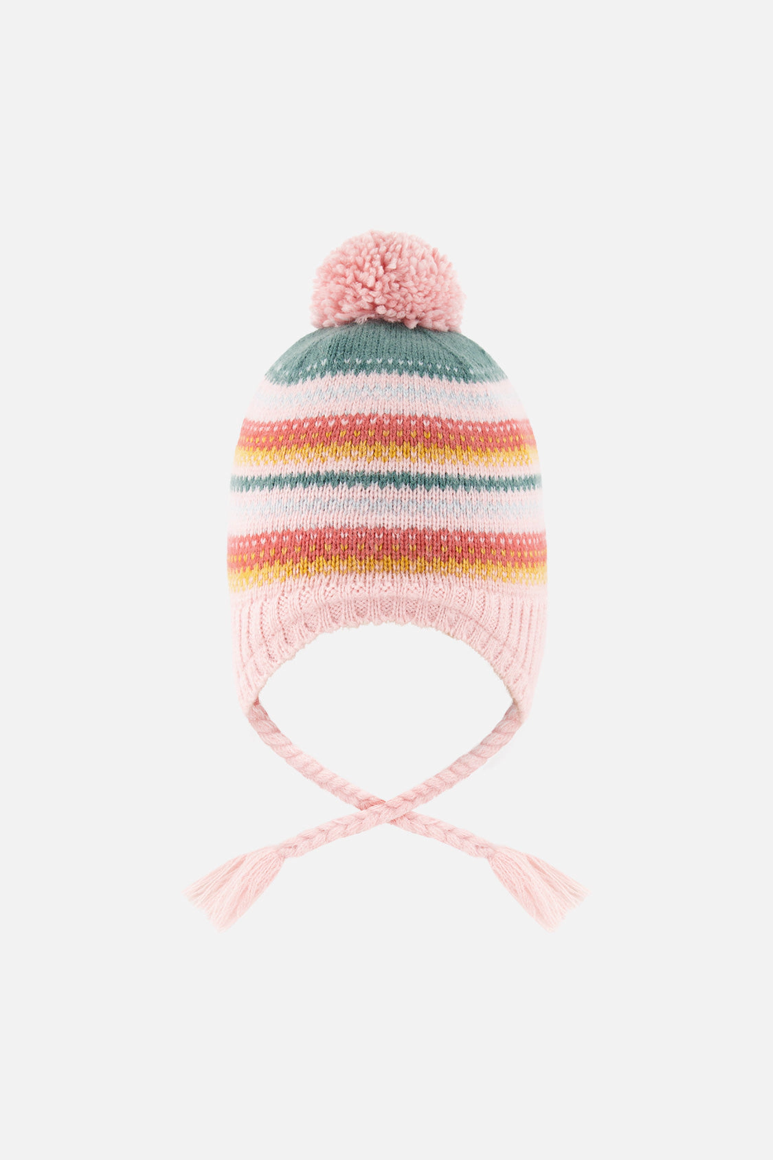 Deux par Deux Girls Striped Jacquard Winter Peruvian Knit Hat with Pompom