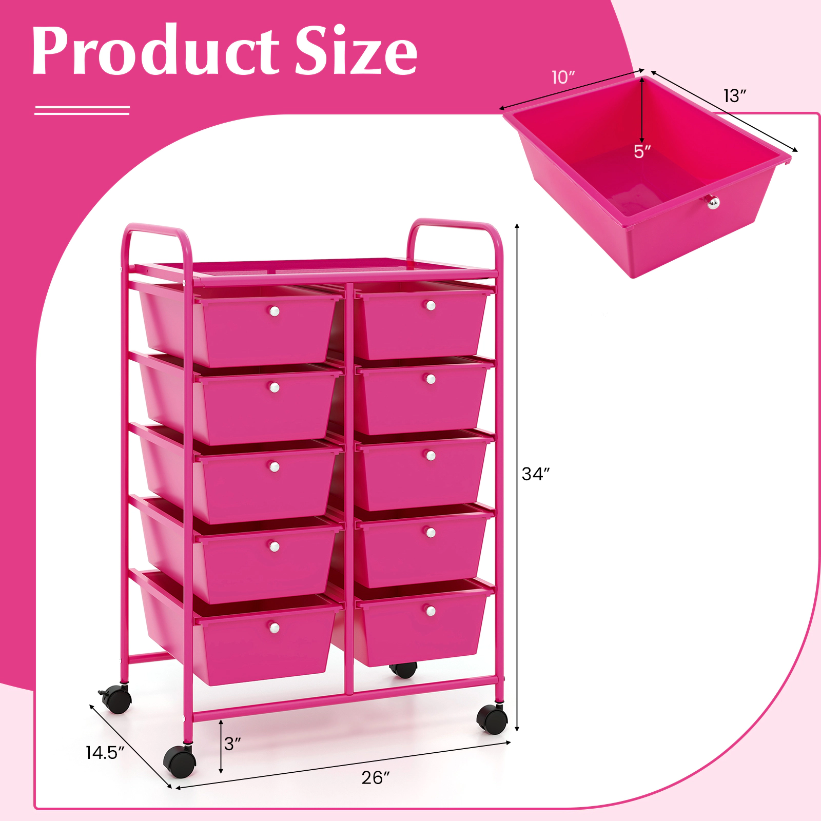 SUGIFT 10-Drawer Rolling Storage Cart with Mesh Top 22-lb Platform Capacity 5.5-lb Drawer Capacity Pink