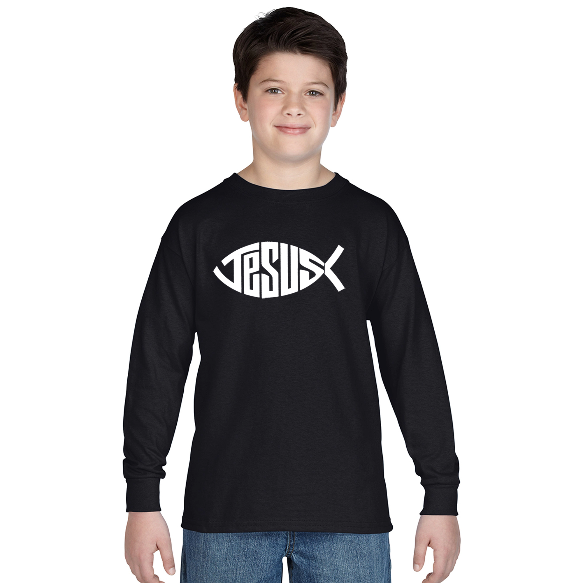 LA Pop Art Boys Long Sleeve T-Shirt -  Christian Jesus Name Fish Symbol