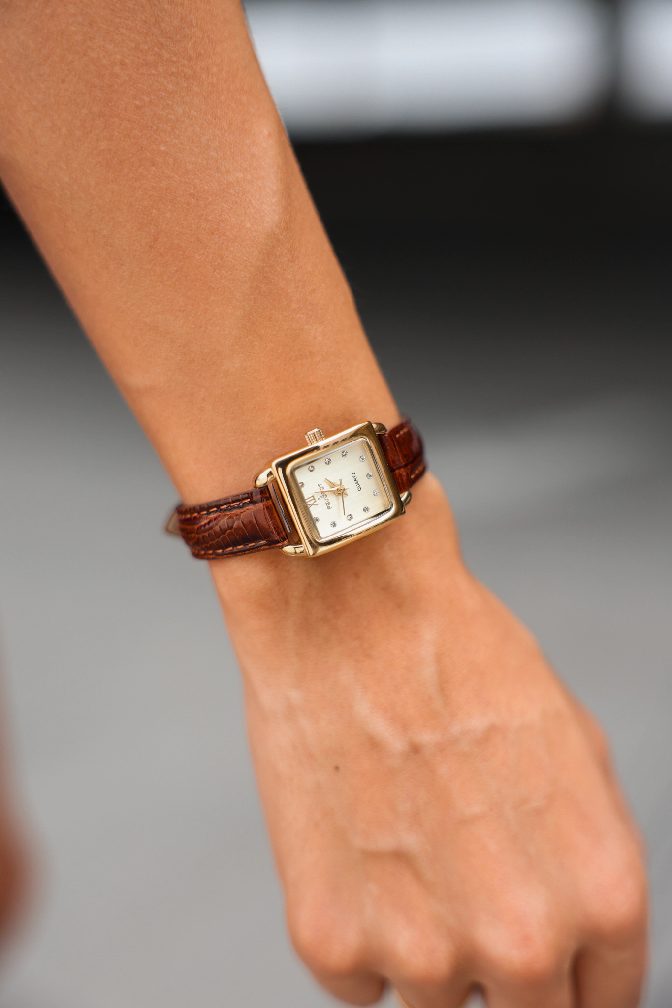 Peugeot Women's 20mm Square Watch with Glossy Brown Leather Strap
