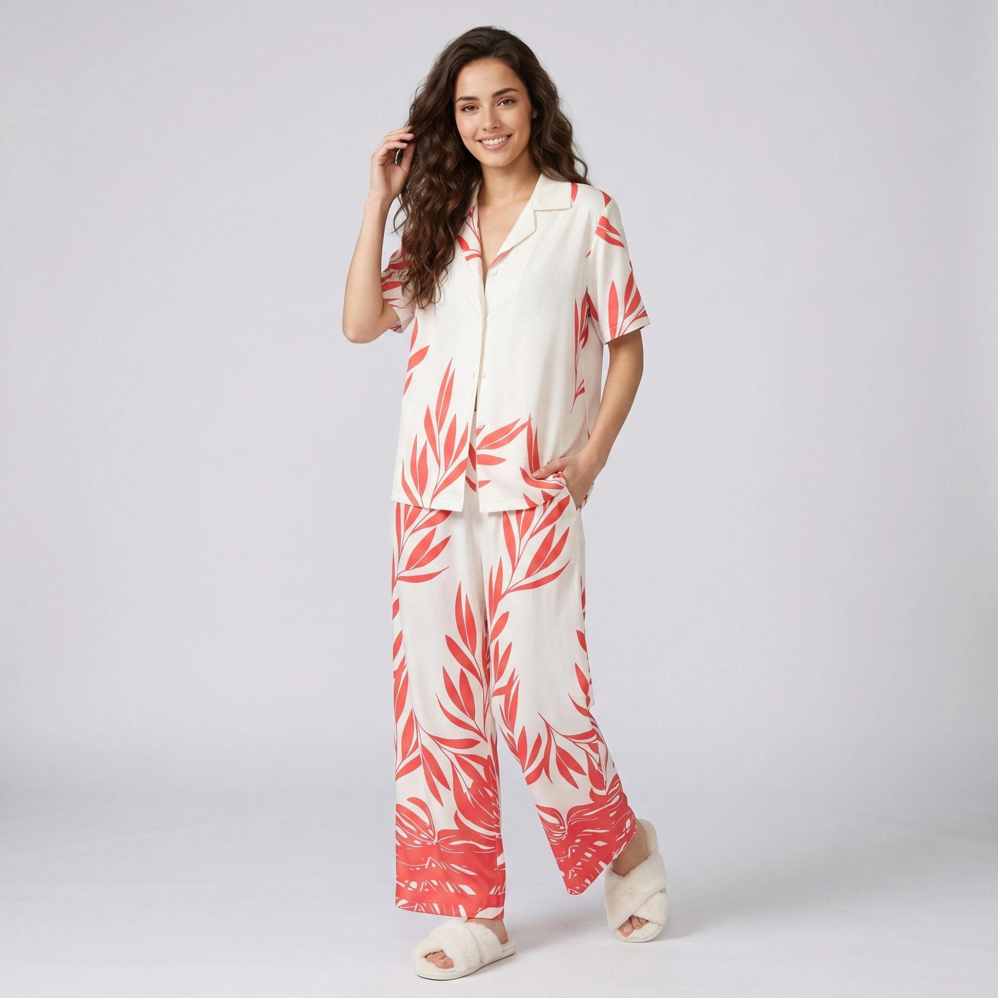 Anna-Kaci Women's 2-Piece Botanical Print Pajama Set with Short Sleeve Button Top and Wide Leg Pants