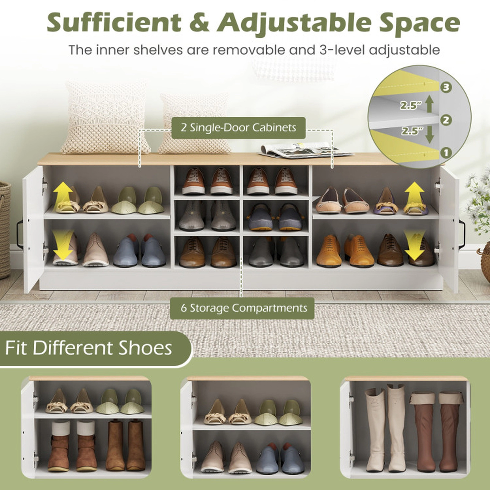 SUGIFT 2-Door Shoe Bench Storage Cabinet with Adjustable Shelves 300-lb Top Capacity 44-lb Shelves 22-lb Compartments