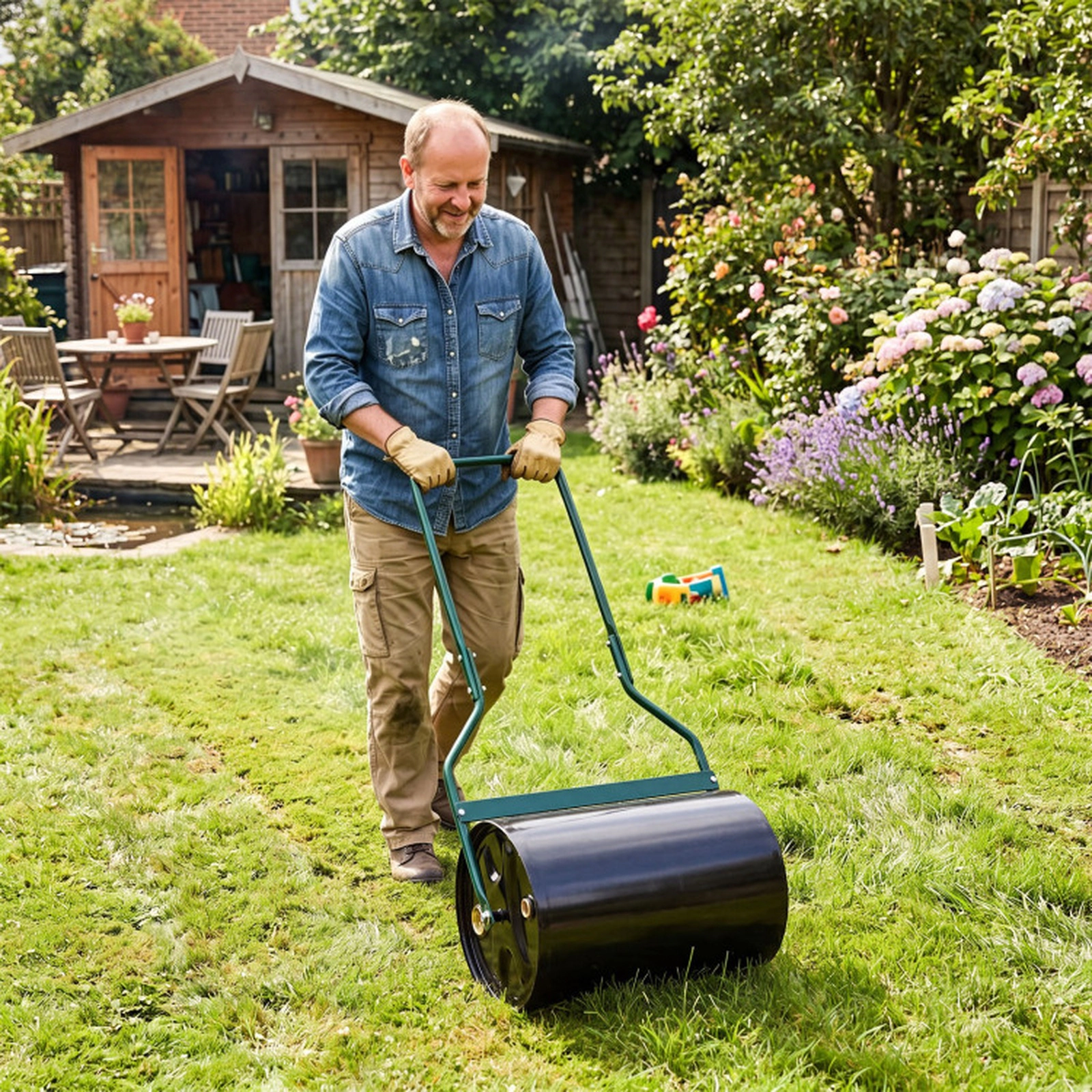 SUGIFT Large Fillable Drum Lawn Roller 12-Gallon Water Or Sand Capacity U-Shape Handle Black