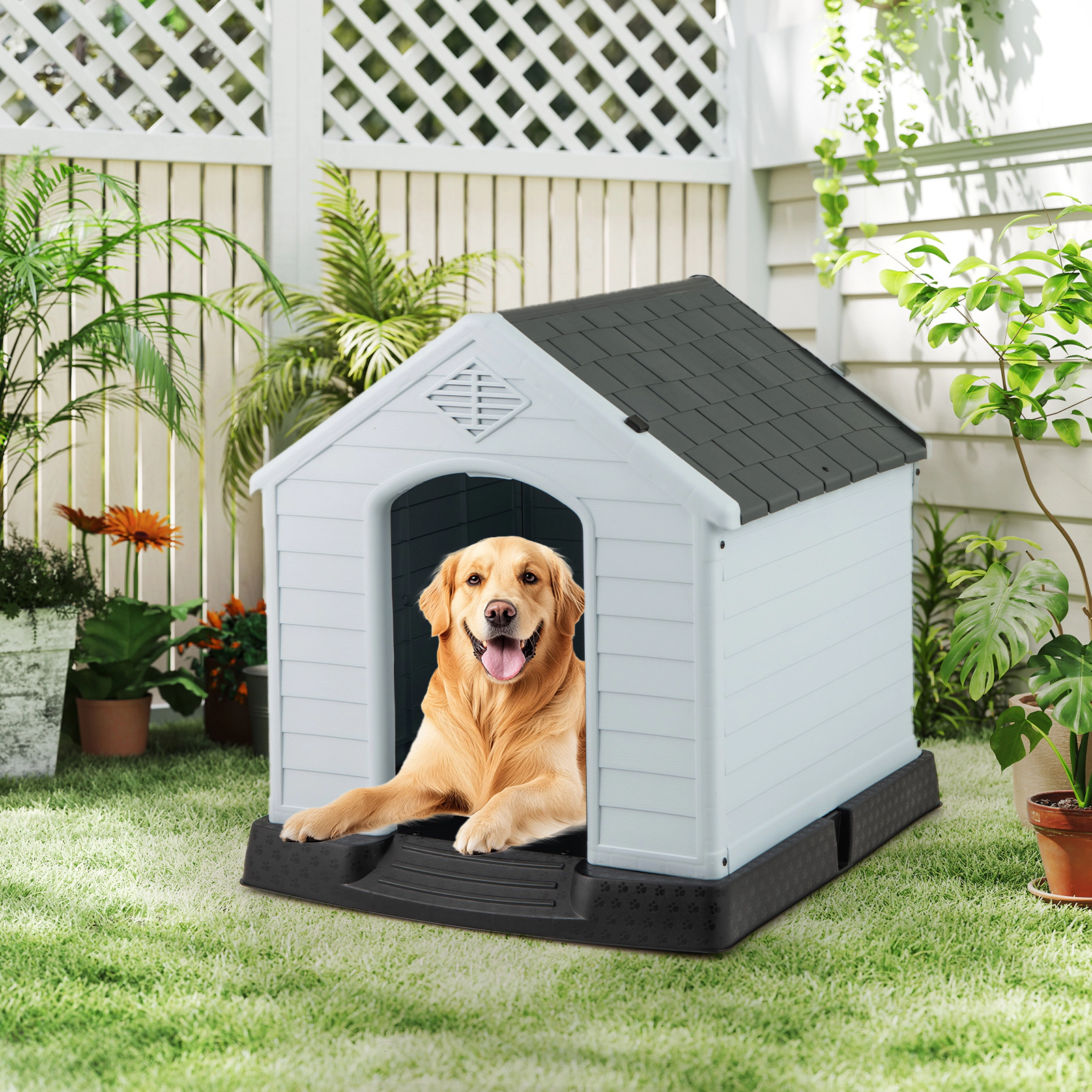 SUGIFT Waterproof Plastic Dog House with Elevated Floor for Small Dogs 28-in Tall Gray+White