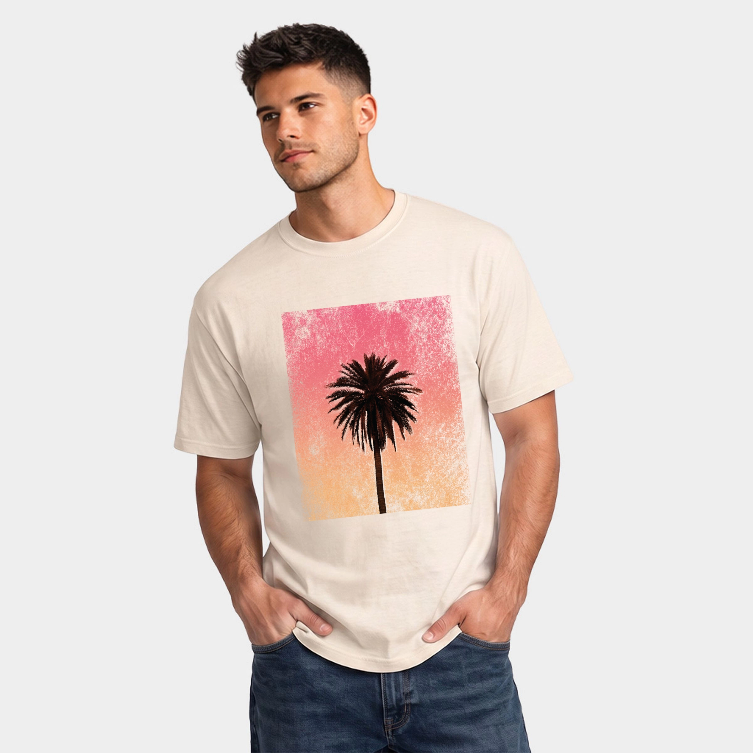 Simply Sage Market - Men's Garment Dyed Graphic T-Shirt Sunset Palm Tree Distressed