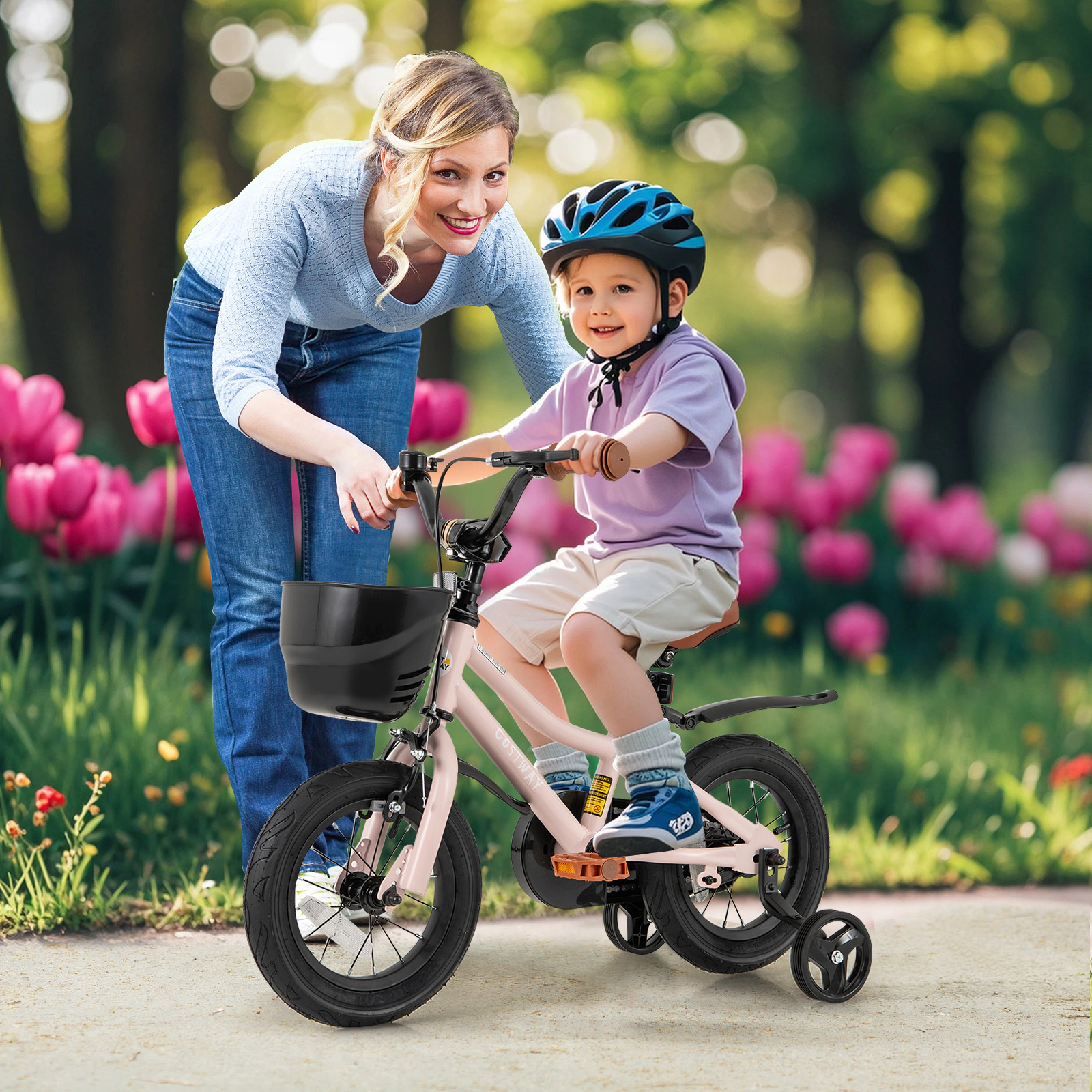 LJG 12 Inch Kids Bike with Helmet Protective Set Black & Pink
