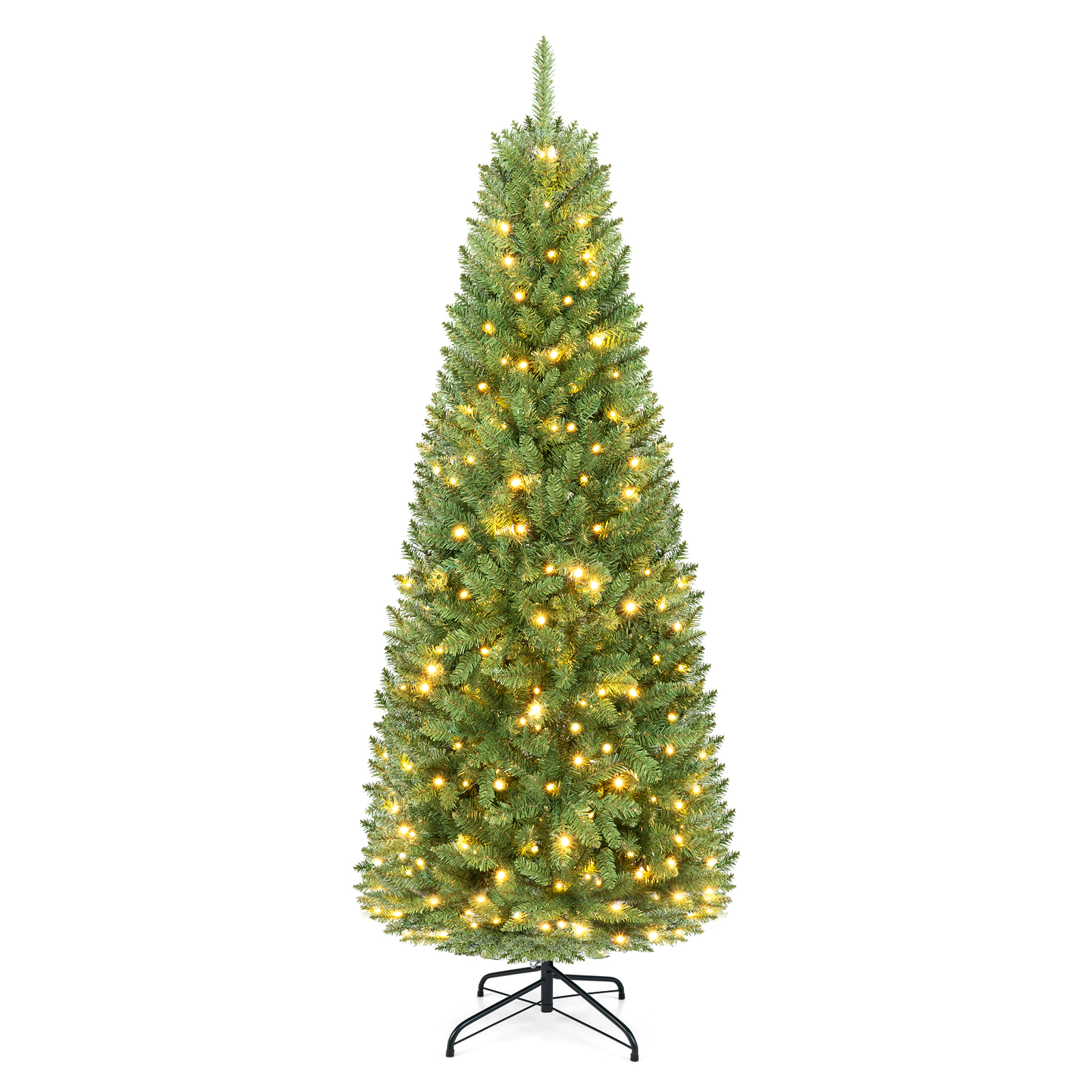 Costway 5/6/7Ft Pre-lit Artificial Pencil Christmas Tree Hinged Fir PVC Tree with 150/250/350 LED Lights