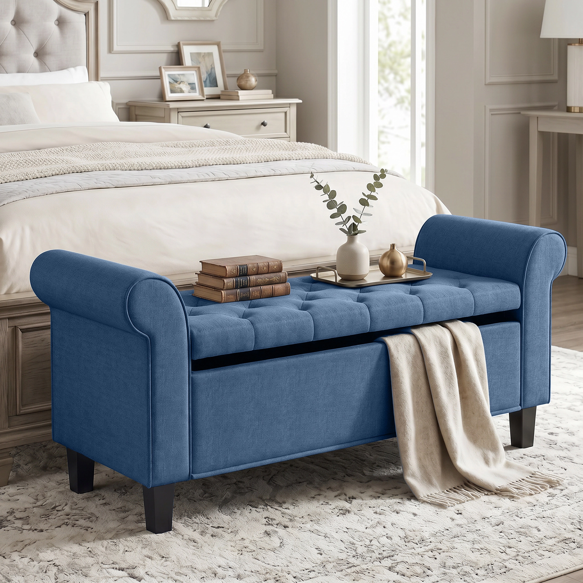 Hivvago Decorative Storage Ottoman Bench With Safety Hinge And Rolled Arm Design