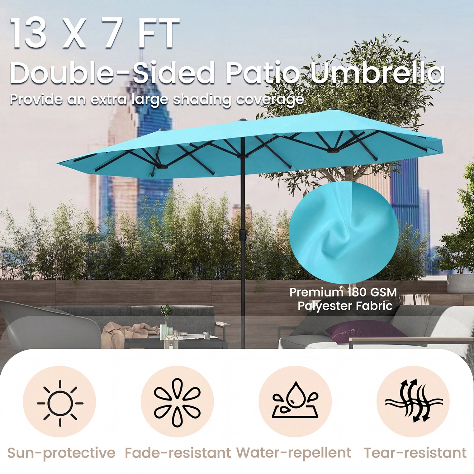 SUGIFT 13-ft Turquoise Rectangular Double-Sided Market Patio Umbrella with Hand Crank and 12 Ribs for Yard