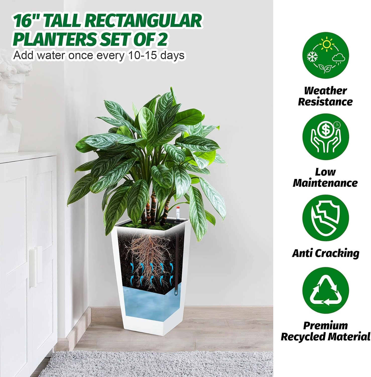 Set of 2 Planters 16" Tall, Self-Watering with Drainage & Water Level Monitor, Wheels, Indoor Outdoor