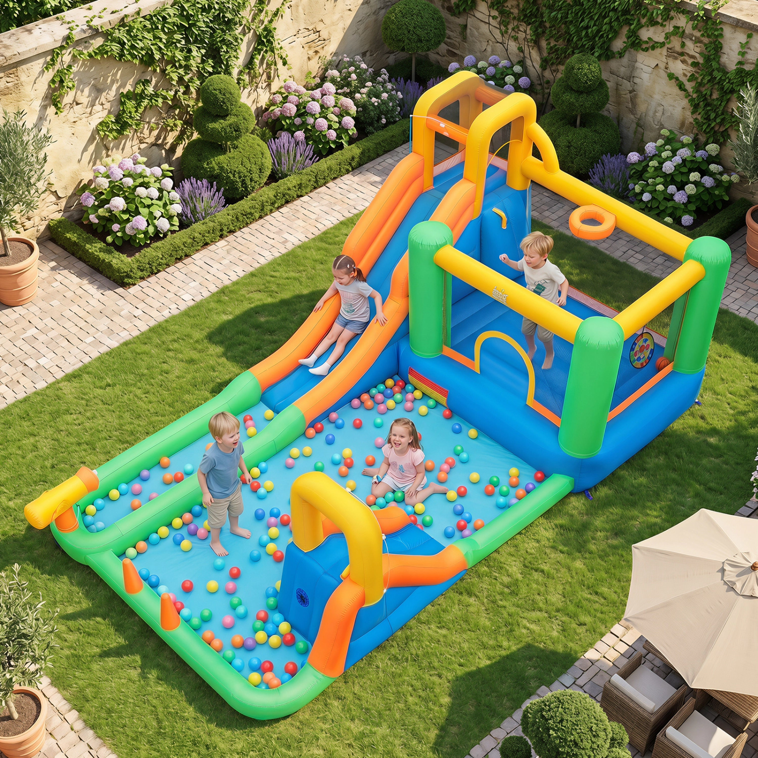 LJG 11-in-1 Inflatable Bounce House with Water Slides for Kids without Blower