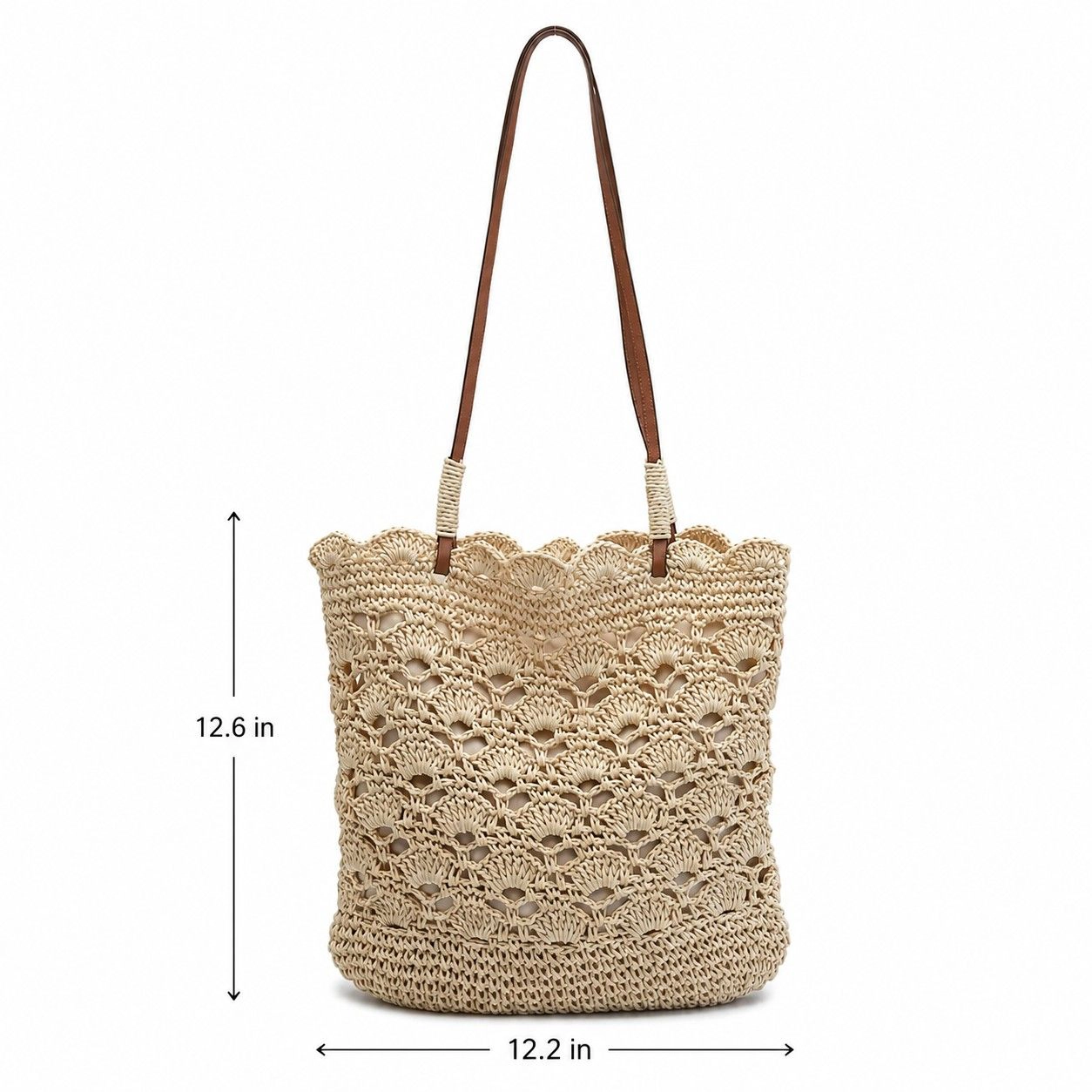 Alilang Women's Crochet Woven Shoulder Bag with Zip Closure and Scalloped Bucket Shape, Khaki