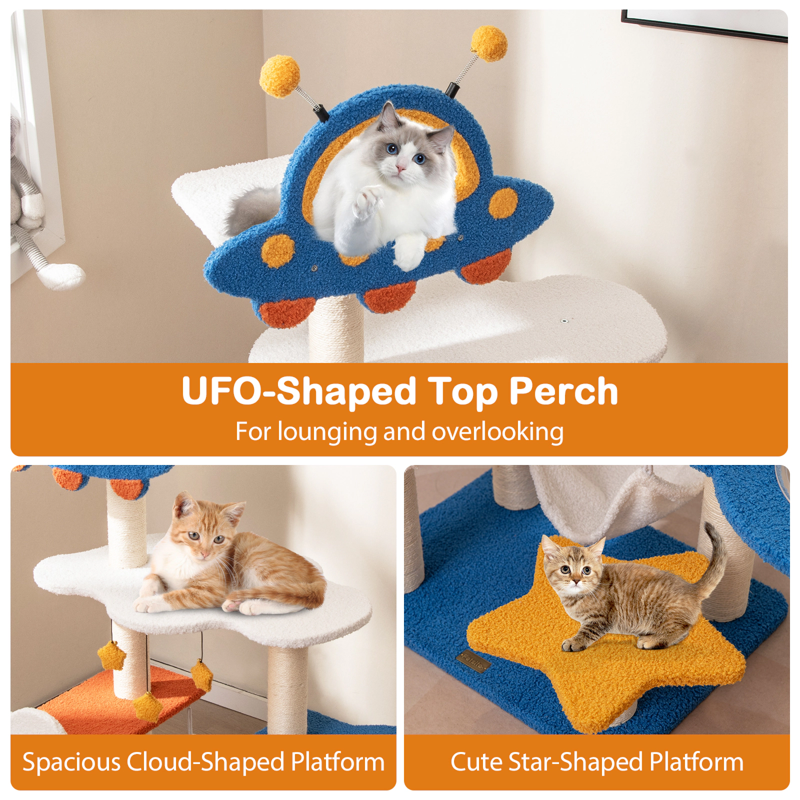LJG 49 Inches Tall Cat Tree with UFO Top Perch Space Capsule and Sisal Scratching Posts