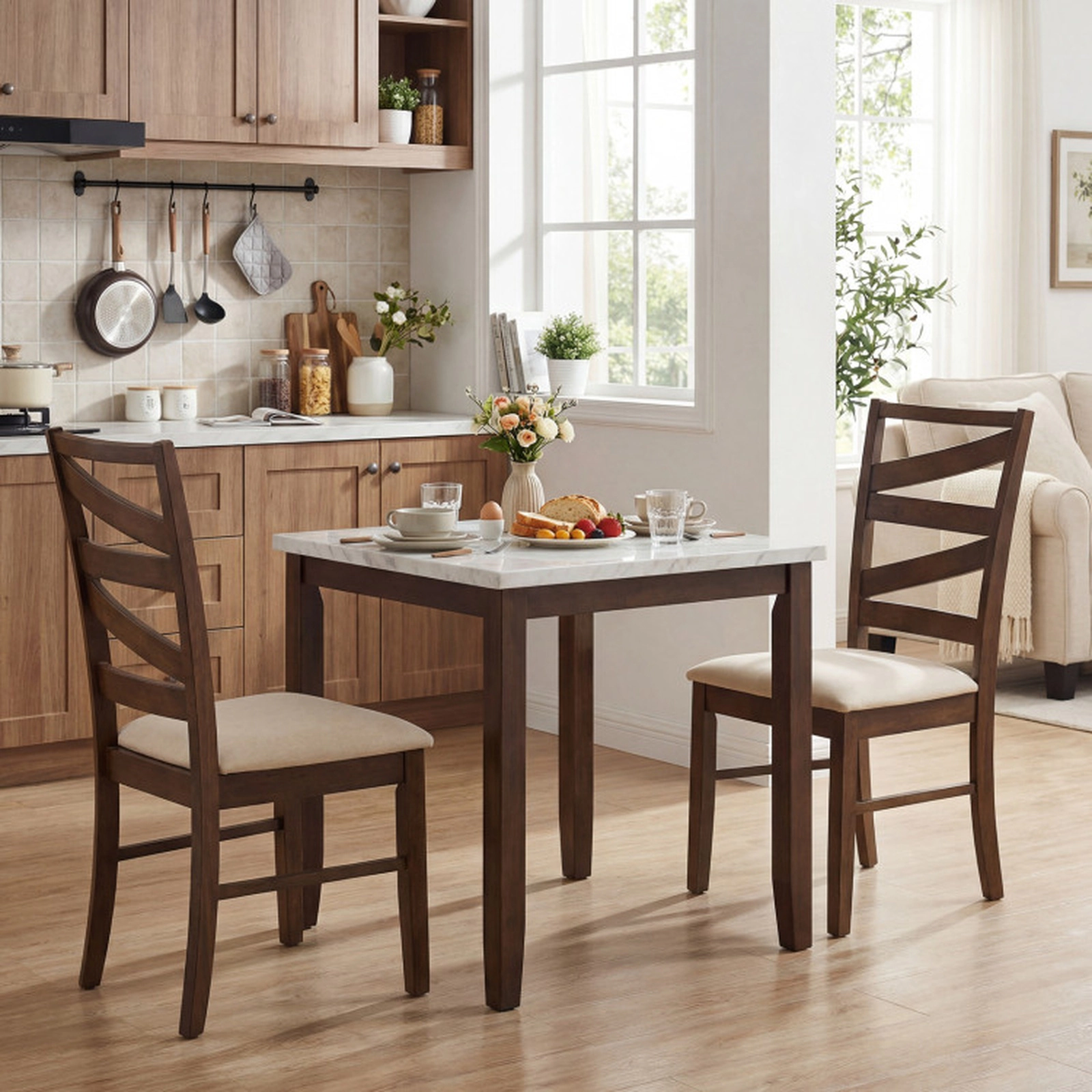 SUGIFT Tall Ladder Back and Linen Padded Seat 330-lb Set of 4 Rubber Wood Dining Chairs