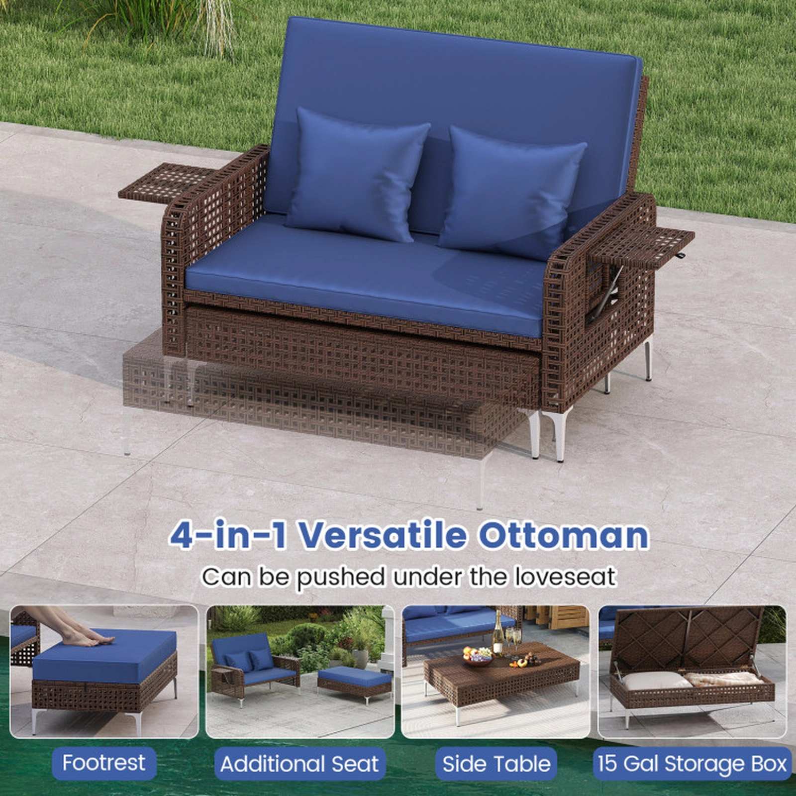 SUGIFT Navy Folding Table 2-Piece Patio Rattan Daybed Wicker Loveseat and Ottoman