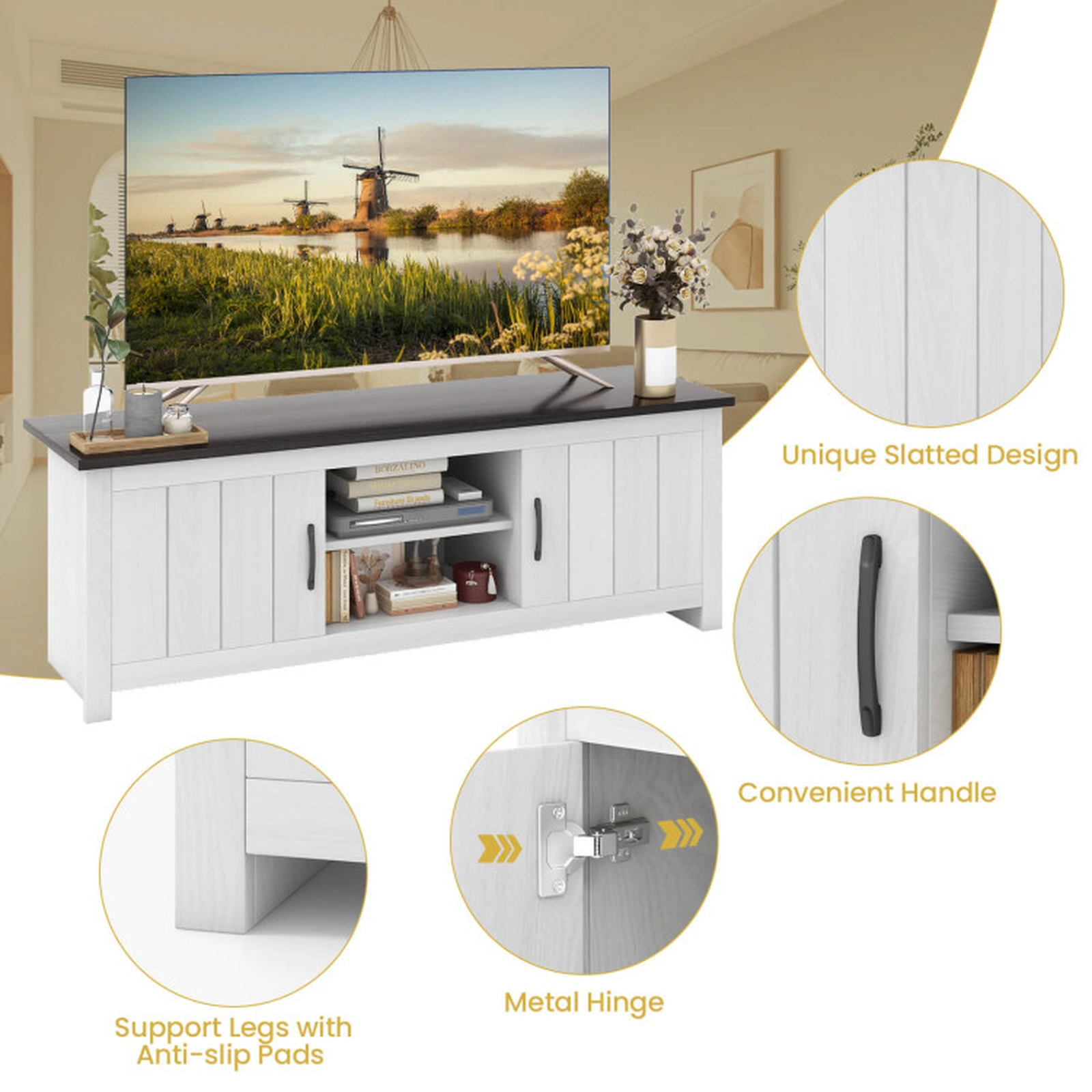 SUGIFT TV Stand with 2 Cabinets and Open Shelves 410-Lb Total Capacity for TVs Black Cabinet Top and White Base