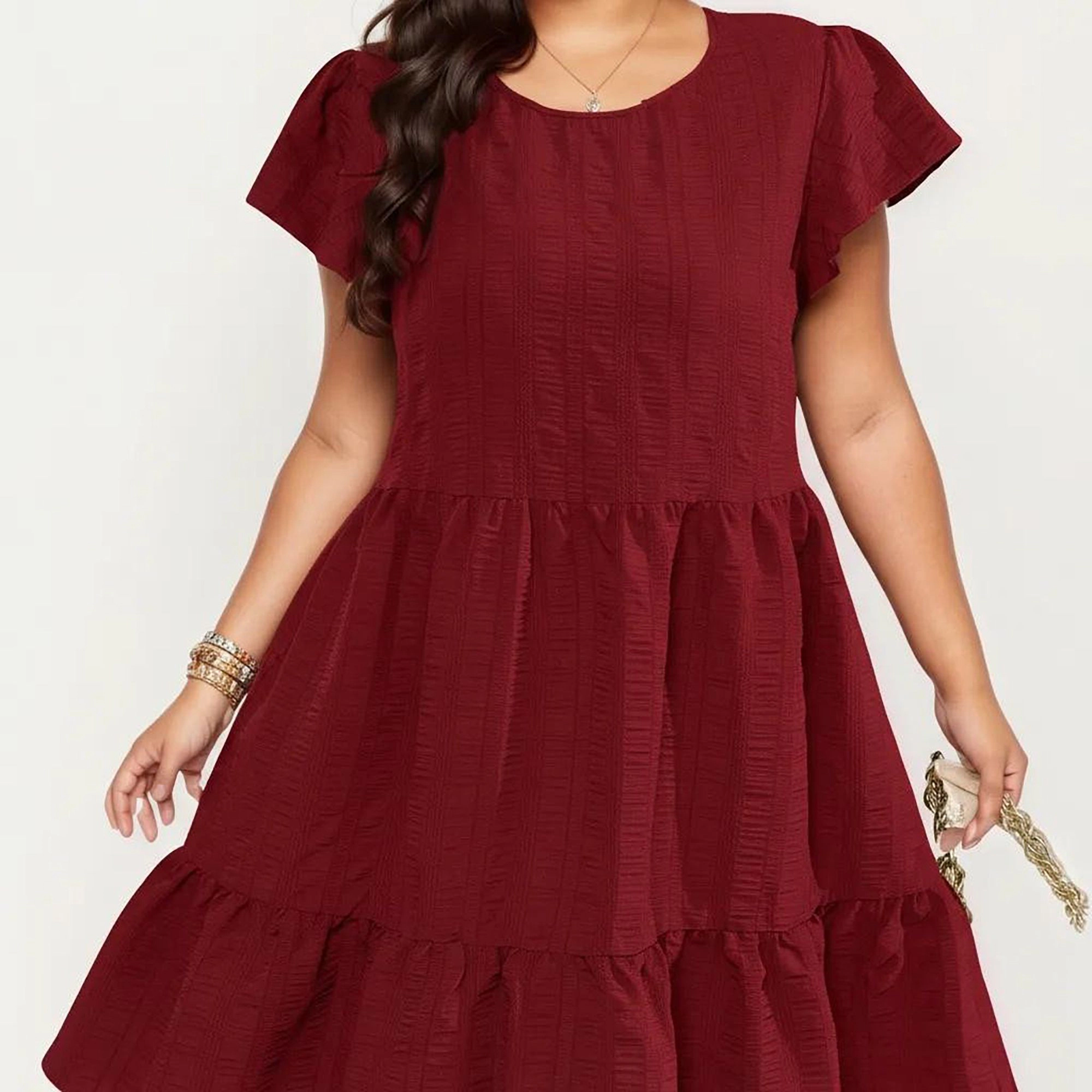 Anna-Kaci Women's Plus Textured Crew Neck Tiered Skirt Ruffle Sleeve Detail Flowy Babydoll Fit Dress