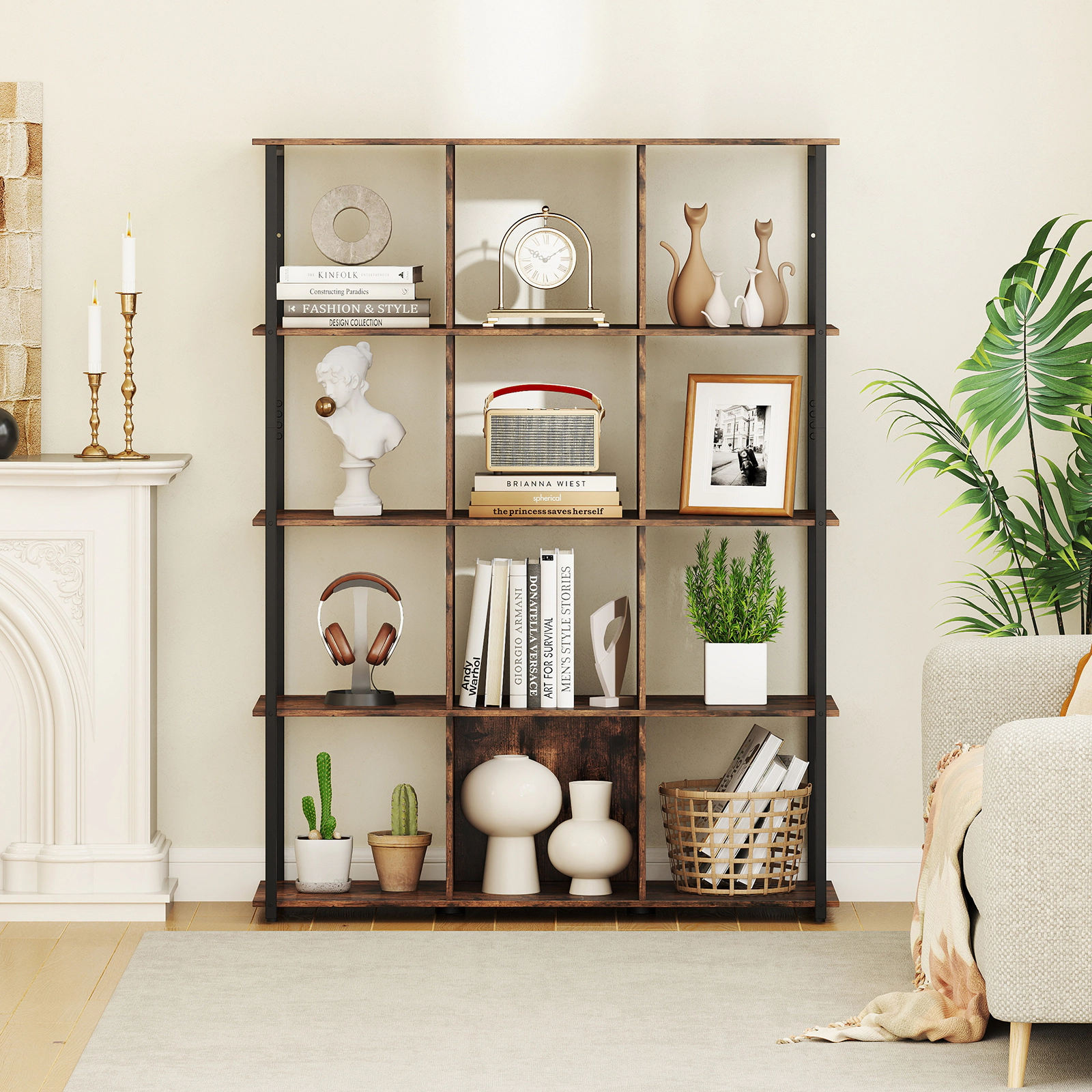SUGIFT 12-Cube Rustic Brown 57-in Tall Cube Storage Organizer Bookshelf with 2 Anti-Tipping Kits