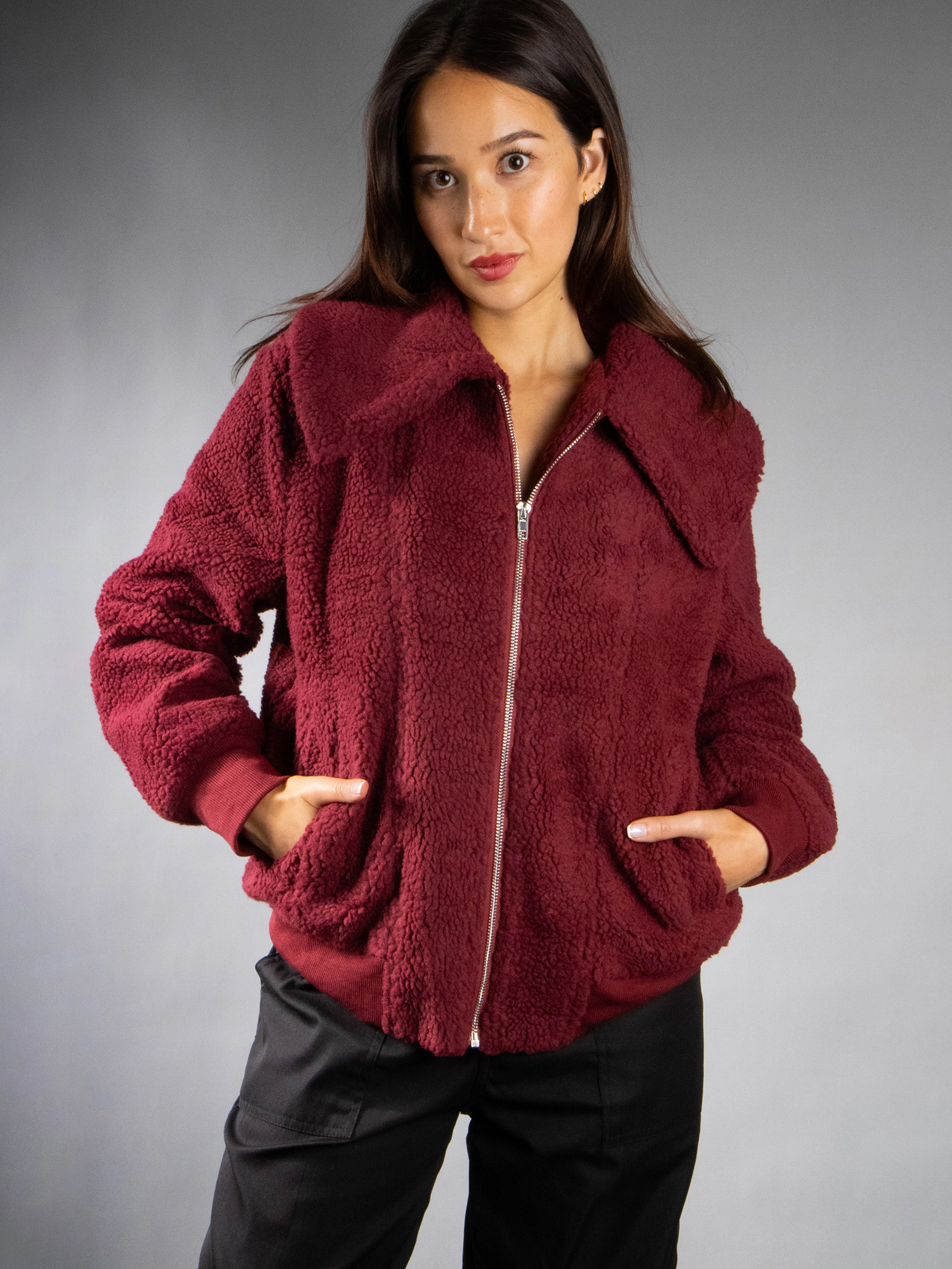 JESS by Meiko Women's Oversized Collar Plush Bomber Jacket Coat
