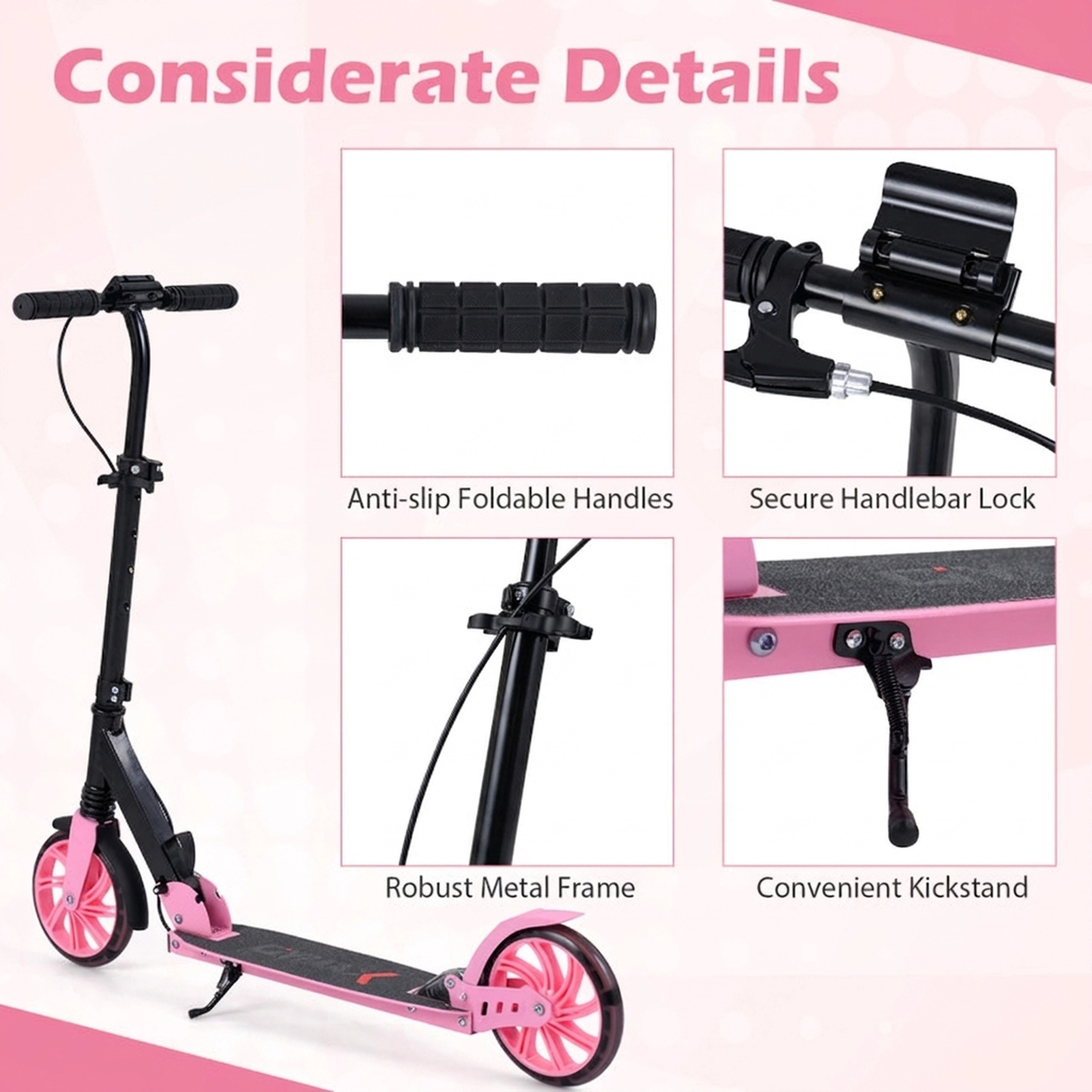 SUGIFT Kids Pink Folding Kick Scooter with 8-in Light-Up Wheels 39-in W 35-in to 41-in H 220-lb Rider Capacity