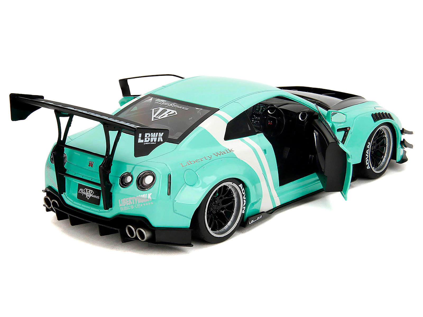 Jada Nissan GT-R (R35) Liberty Walk Body Kit 2.0 RHD (Right Hand Drive) Light Blue with Black Hood and White